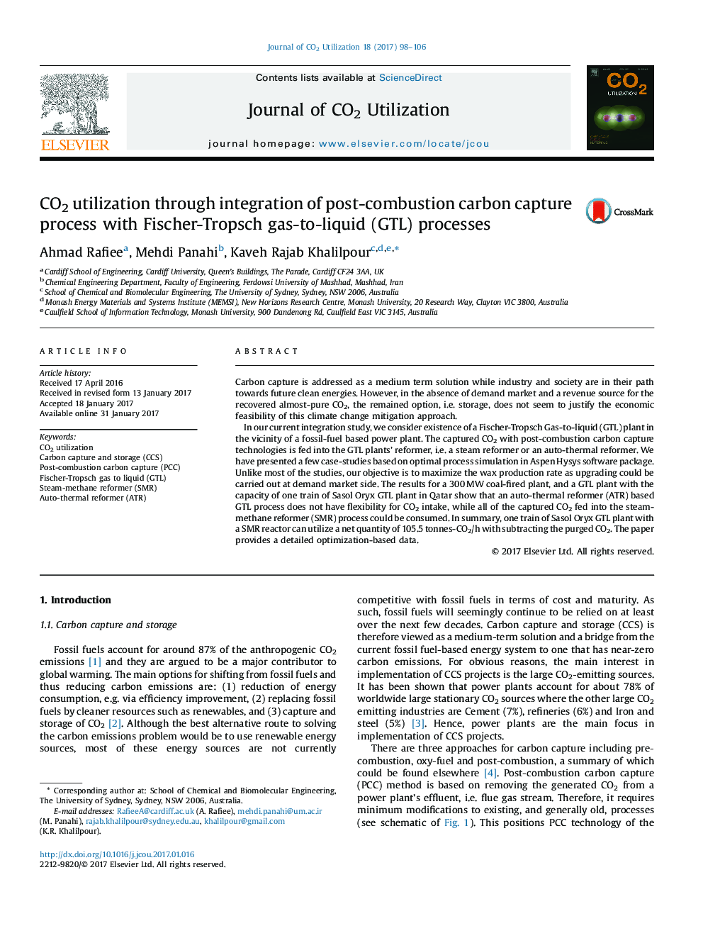 CO2 utilization through integration of post-combustion carbon capture process with Fischer-Tropsch gas-to-liquid (GTL) processes