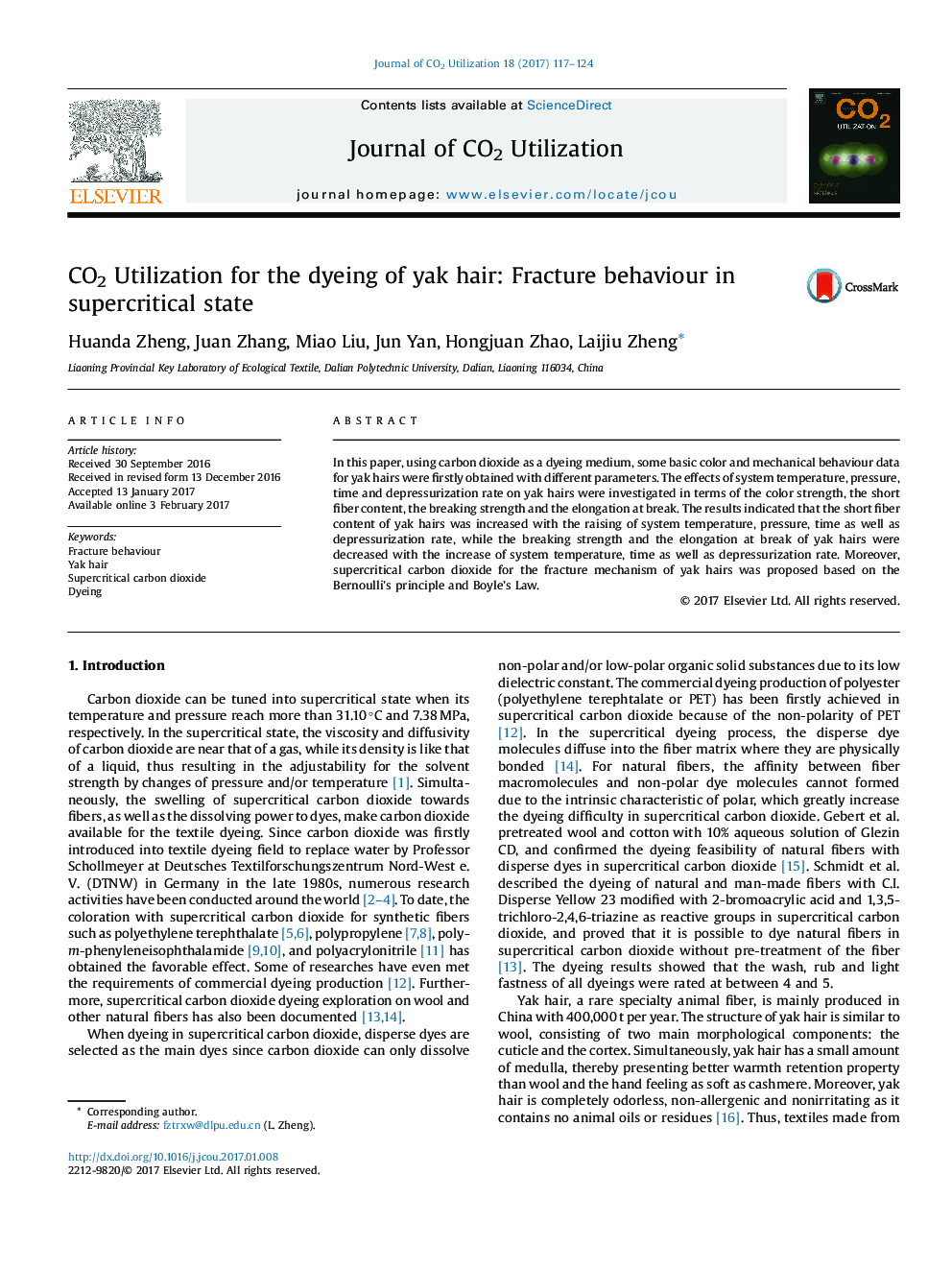 CO2 Utilization for the dyeing of yak hair: Fracture behaviour in supercritical state