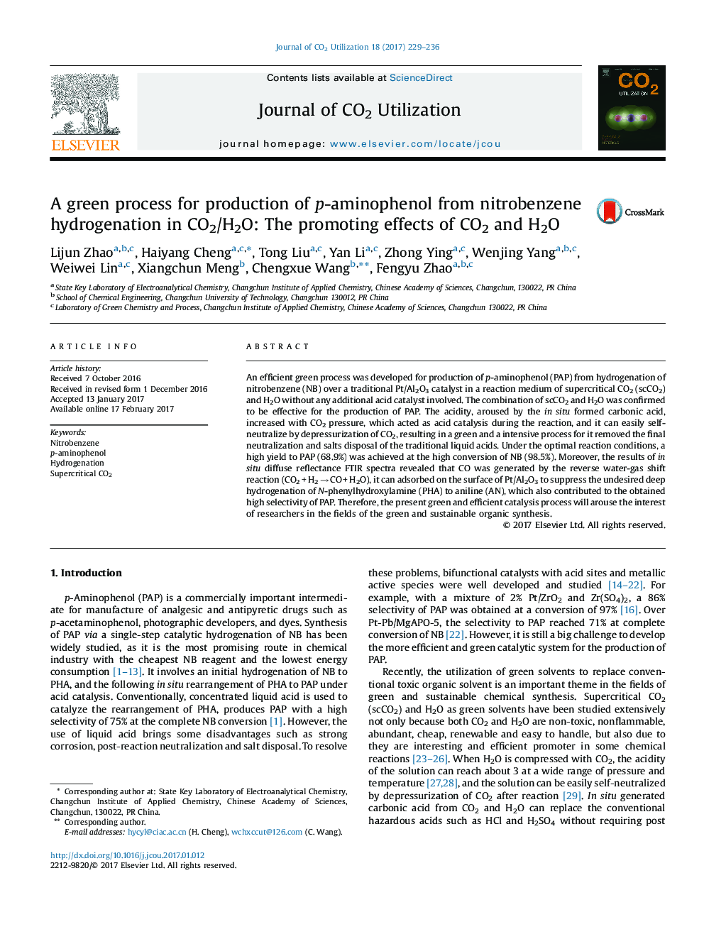 A green process for production of p-aminophenol from nitrobenzene hydrogenation in CO2/H2O: The promoting effects of CO2 and H2O