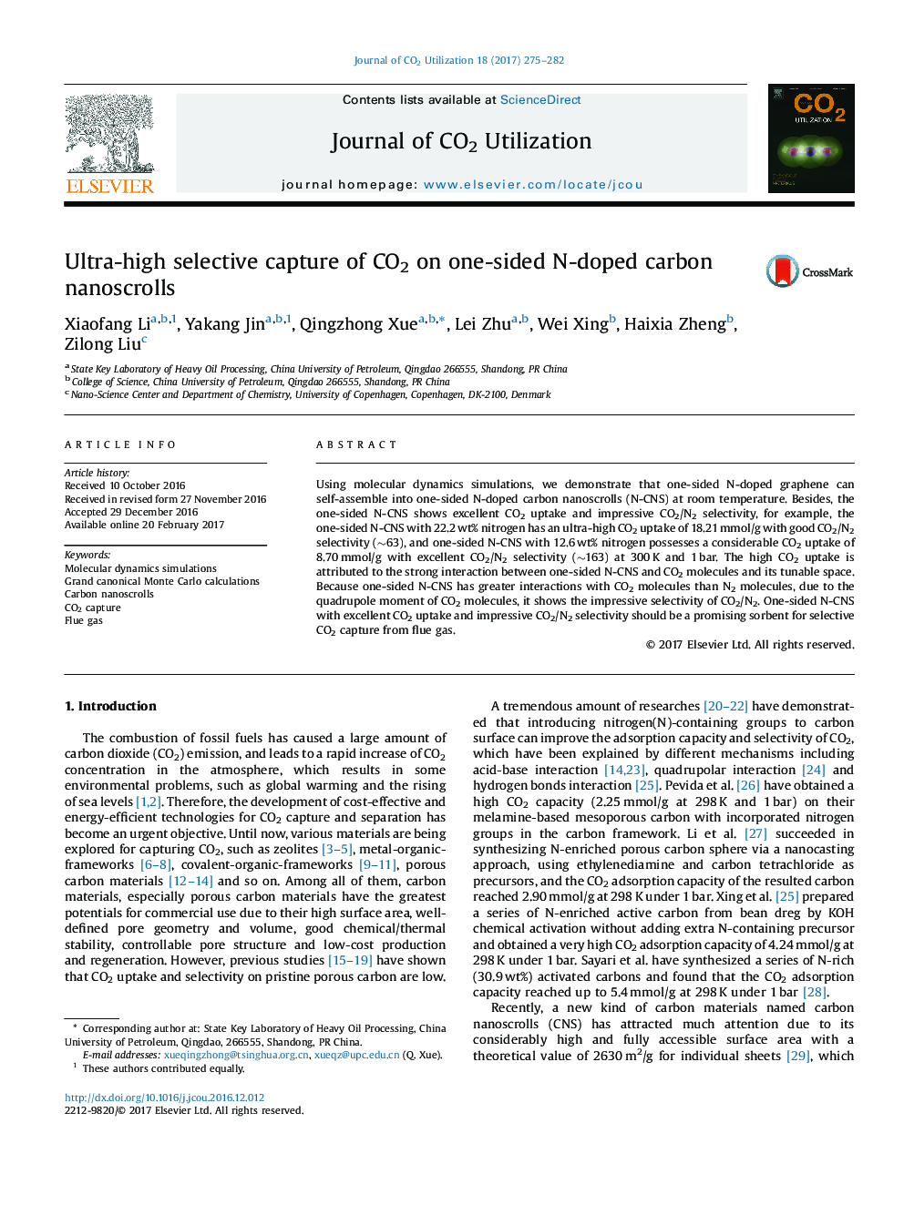 Ultra-high selective capture of CO2 on one-sided N-doped carbon nanoscrolls