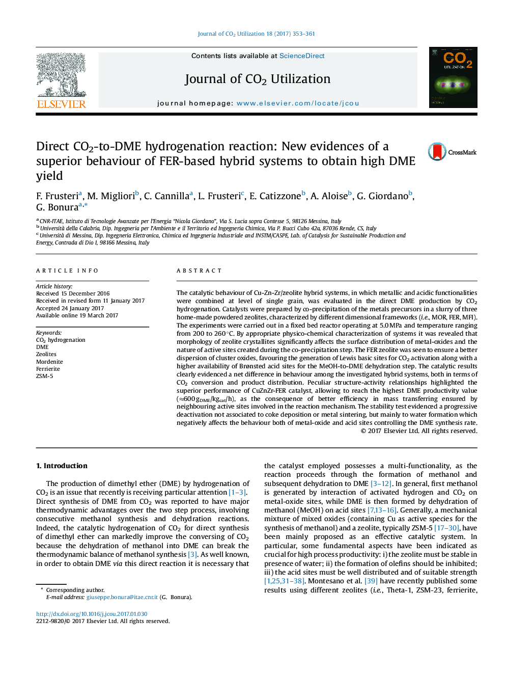 واکنش هیدروژناسیون مستقیم CO2 به DME: شواهد جدید از رفتار برتر سیستم های ترکیبی مبتنی بر FER برای به دست آوردن DME بالا
