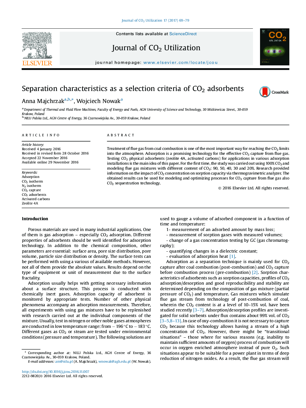 Separation characteristics as a selection criteria of CO2 adsorbents