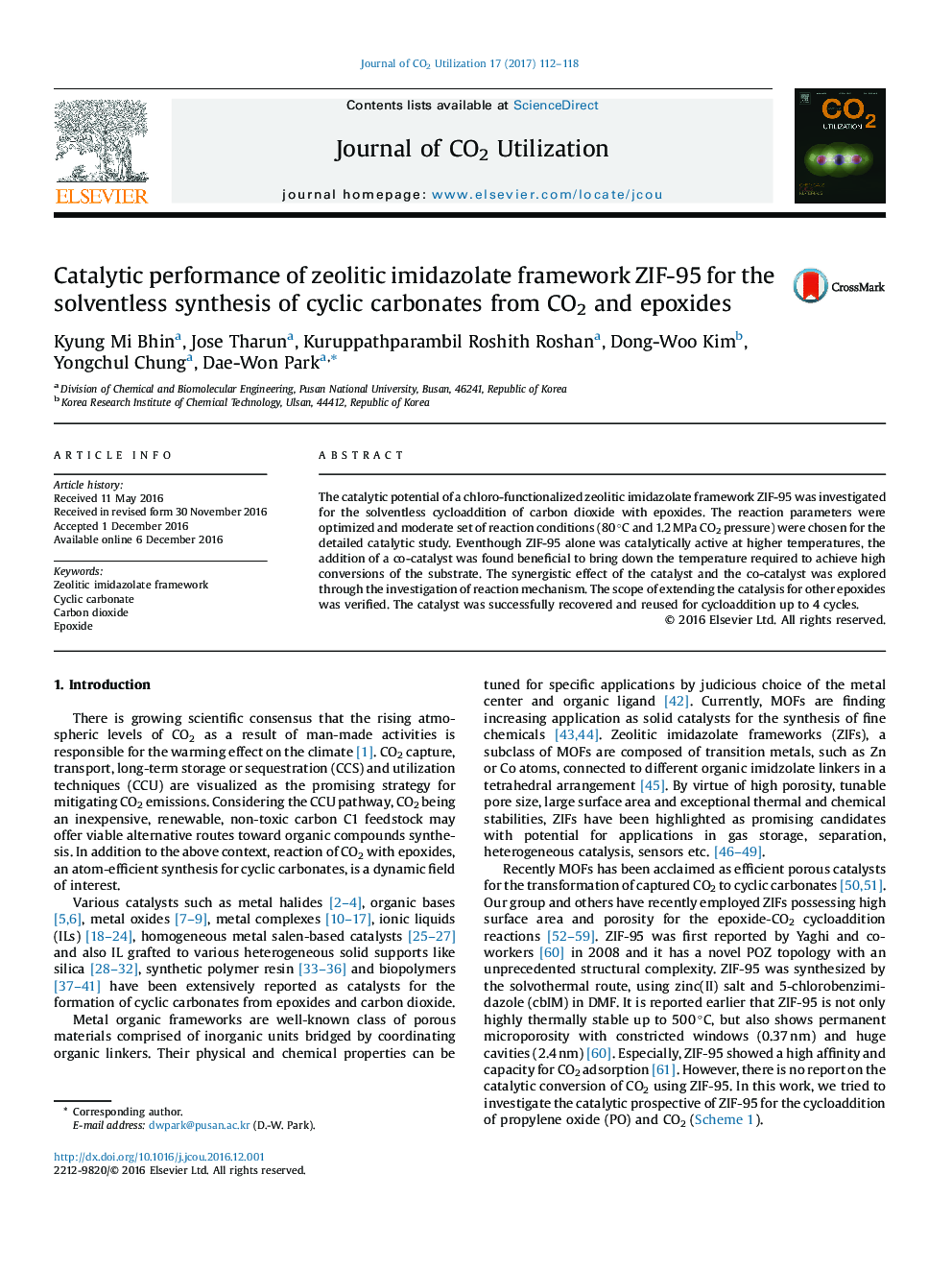 Catalytic performance of zeolitic imidazolate framework ZIF-95 for the solventless synthesis of cyclic carbonates from CO2 and epoxides