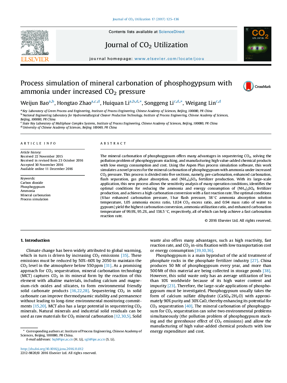 عکس صفحه اول مقاله: Process simulation of mineral carbonation of phosphogypsum with ammonia under increased CO2 pressure Process simulation of mineral carbonation of phosphogypsum with ammonia under increased CO2 pressure