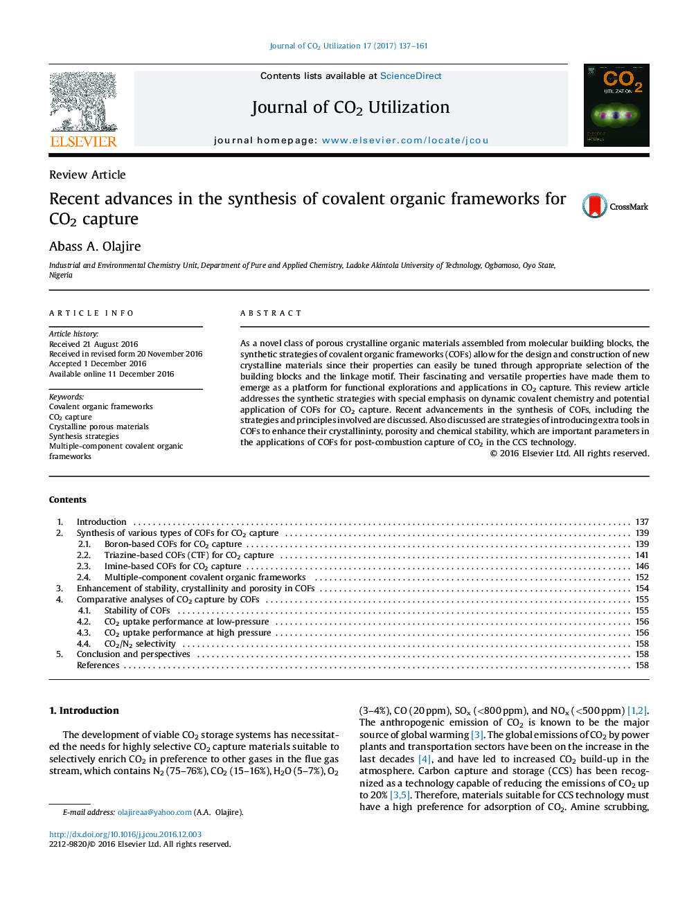 Review ArticleRecent advances in the synthesis of covalent organic frameworks for CO2 capture