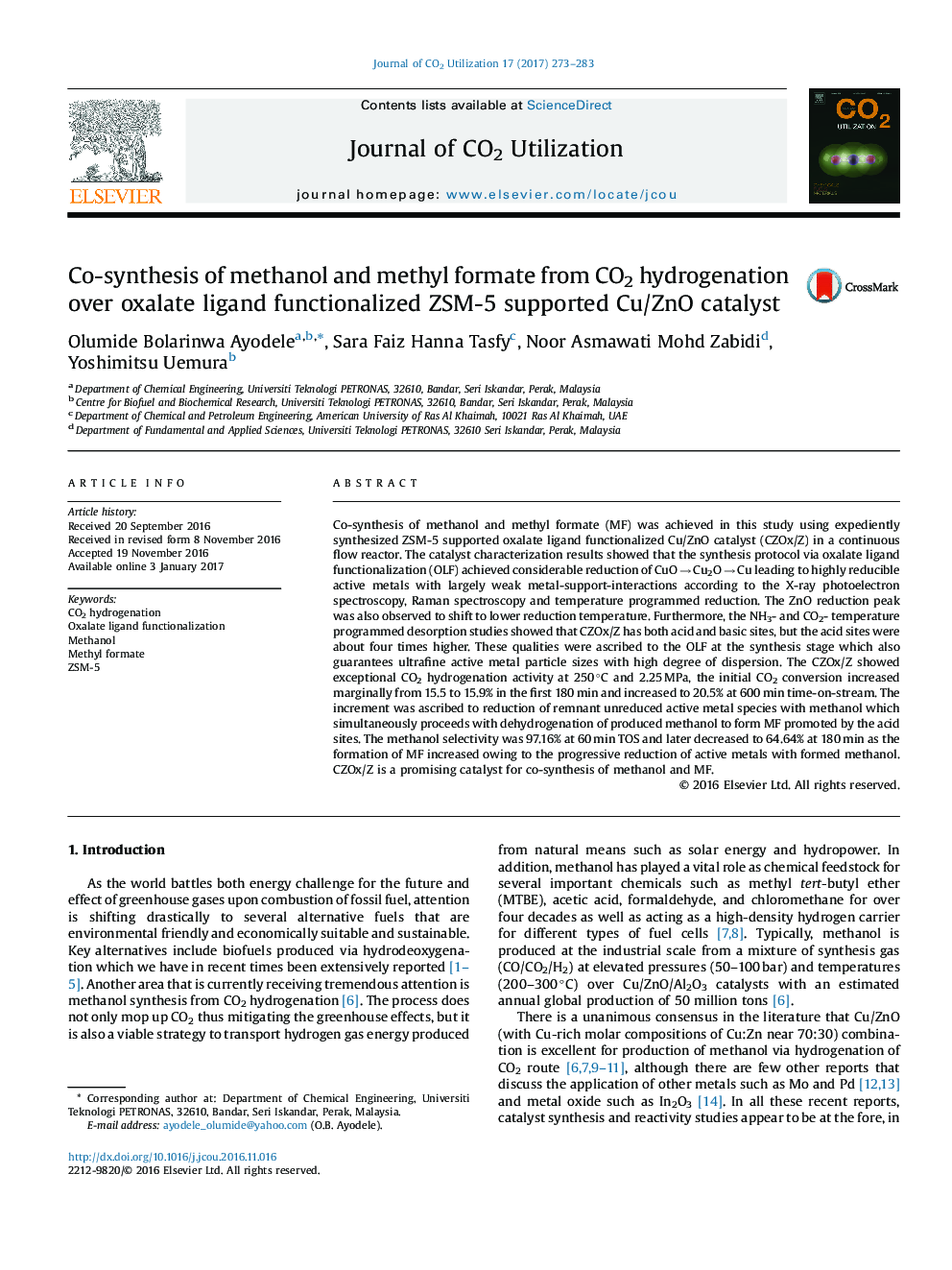 Co-synthesis of methanol and methyl formate from CO2 hydrogenation over oxalate ligand functionalized ZSM-5 supported Cu/ZnO catalyst