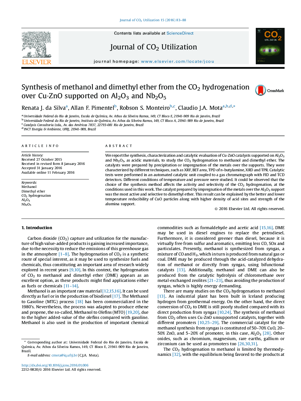 Synthesis of methanol and dimethyl ether from the CO2 hydrogenation over CuÂ·ZnO supported on Al2O3 and Nb2O5
