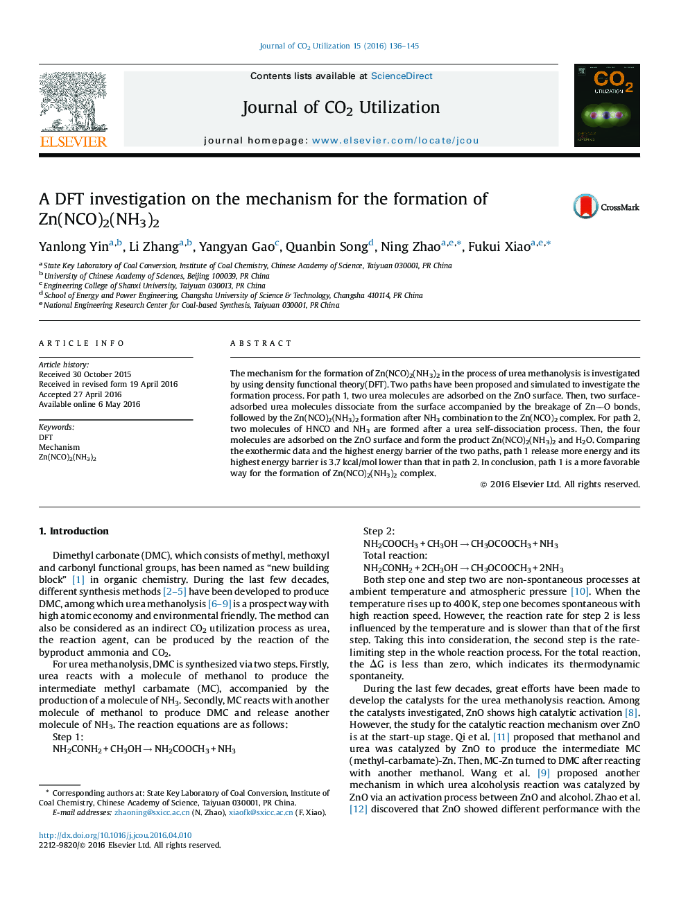 A DFT investigation on the mechanism for the formation of Zn(NCO)2(NH3)2