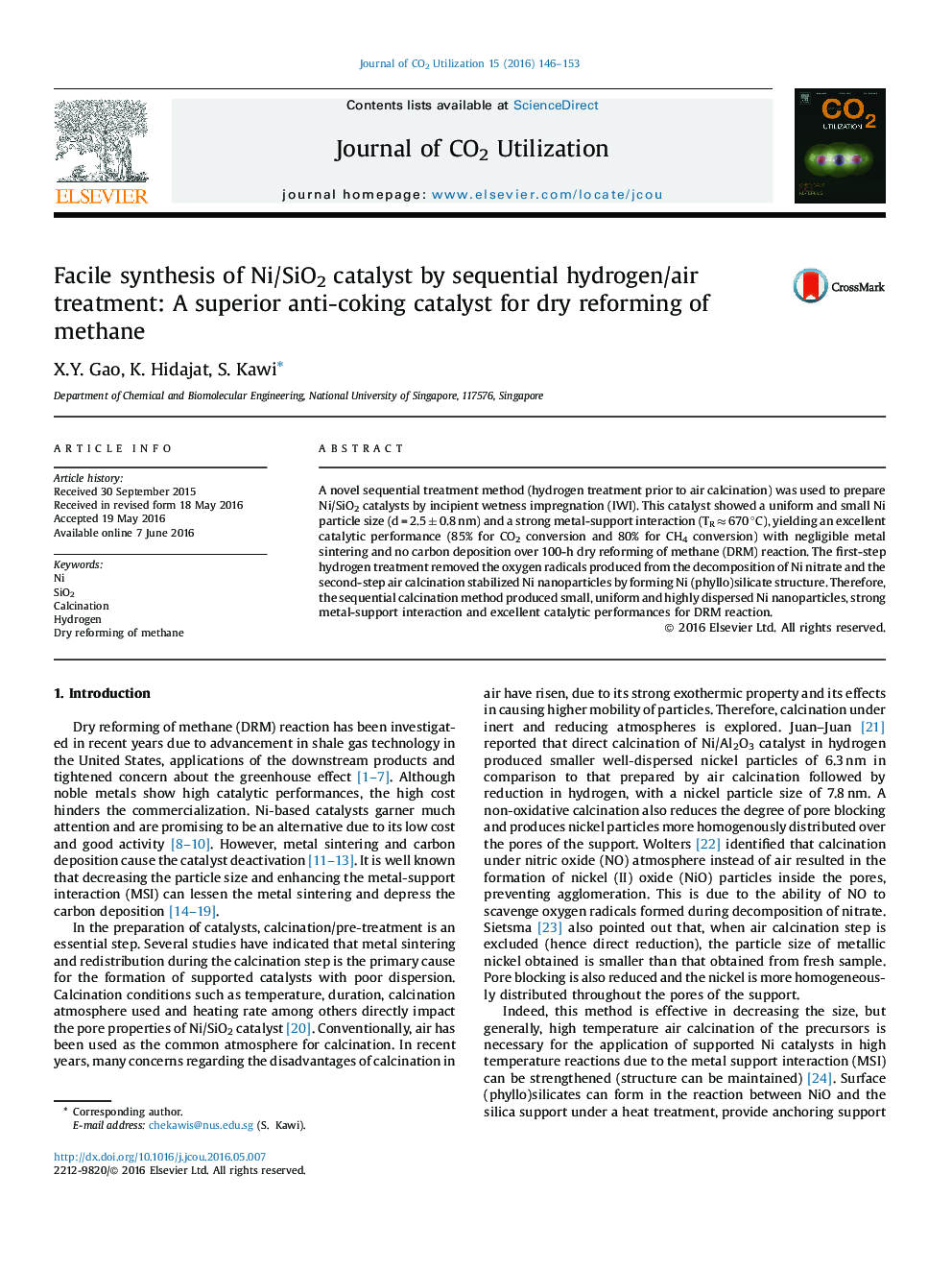 Facile synthesis of Ni/SiO2 catalyst by sequential hydrogen/air treatment: A superior anti-coking catalyst for dry reforming of methane