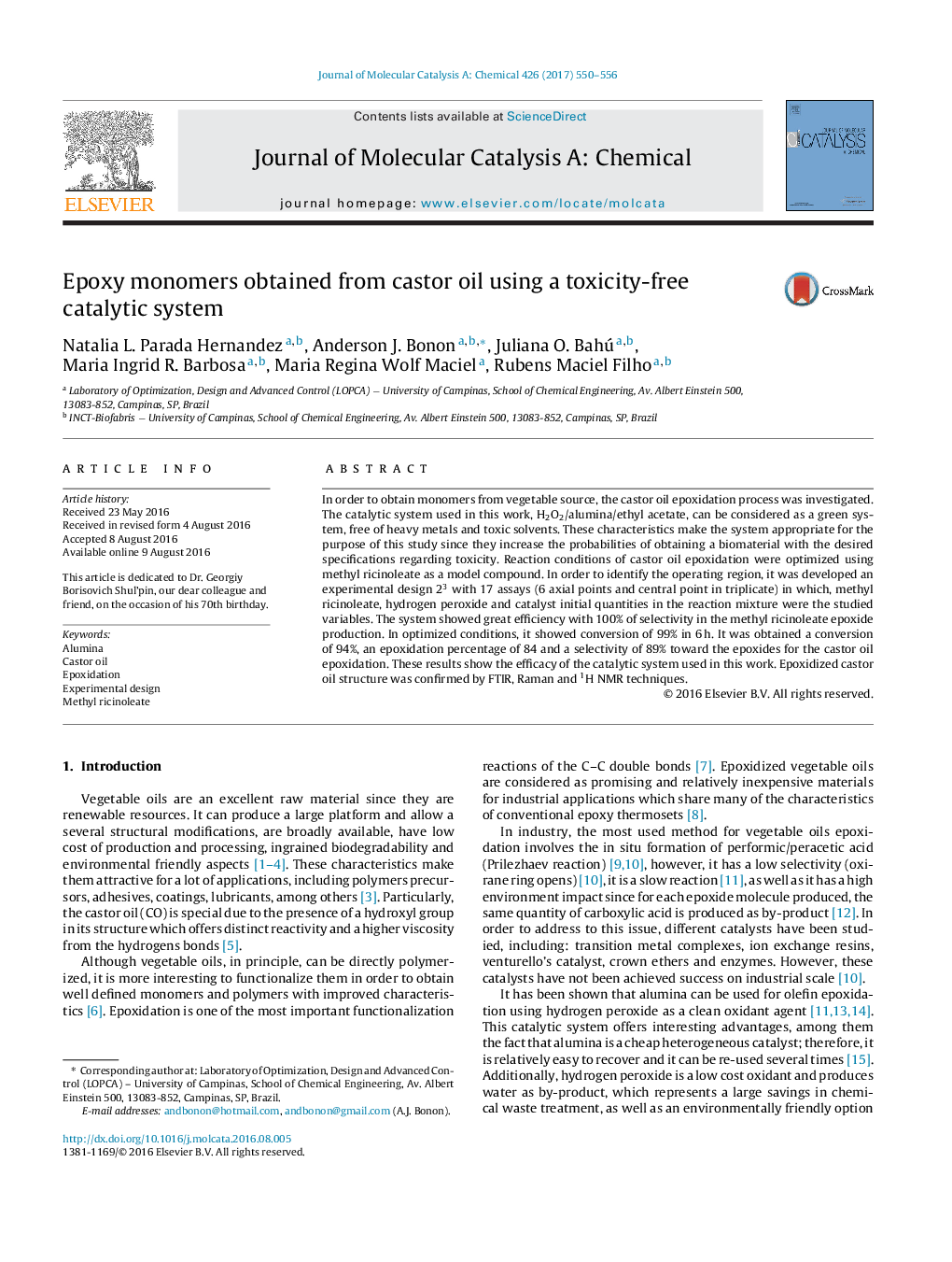 Epoxy monomers obtained from castor oil using a toxicity-free catalytic system