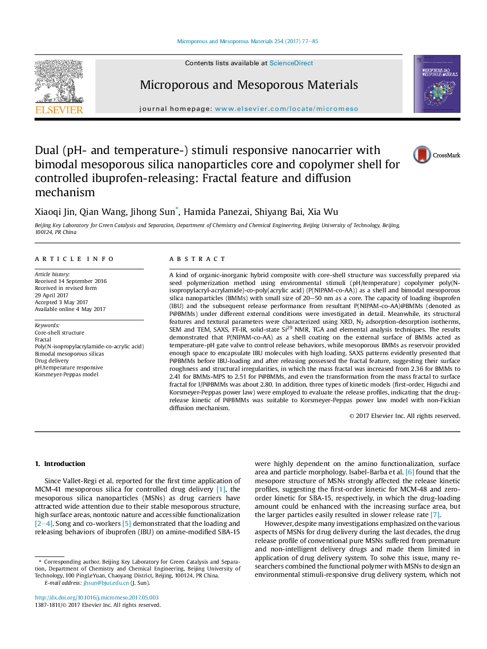 Dual (pH- and temperature-) stimuli responsive nanocarrier with bimodal mesoporous silica nanoparticles core and copolymer shell for controlled ibuprofen-releasing: Fractal feature and diffusion mechanism