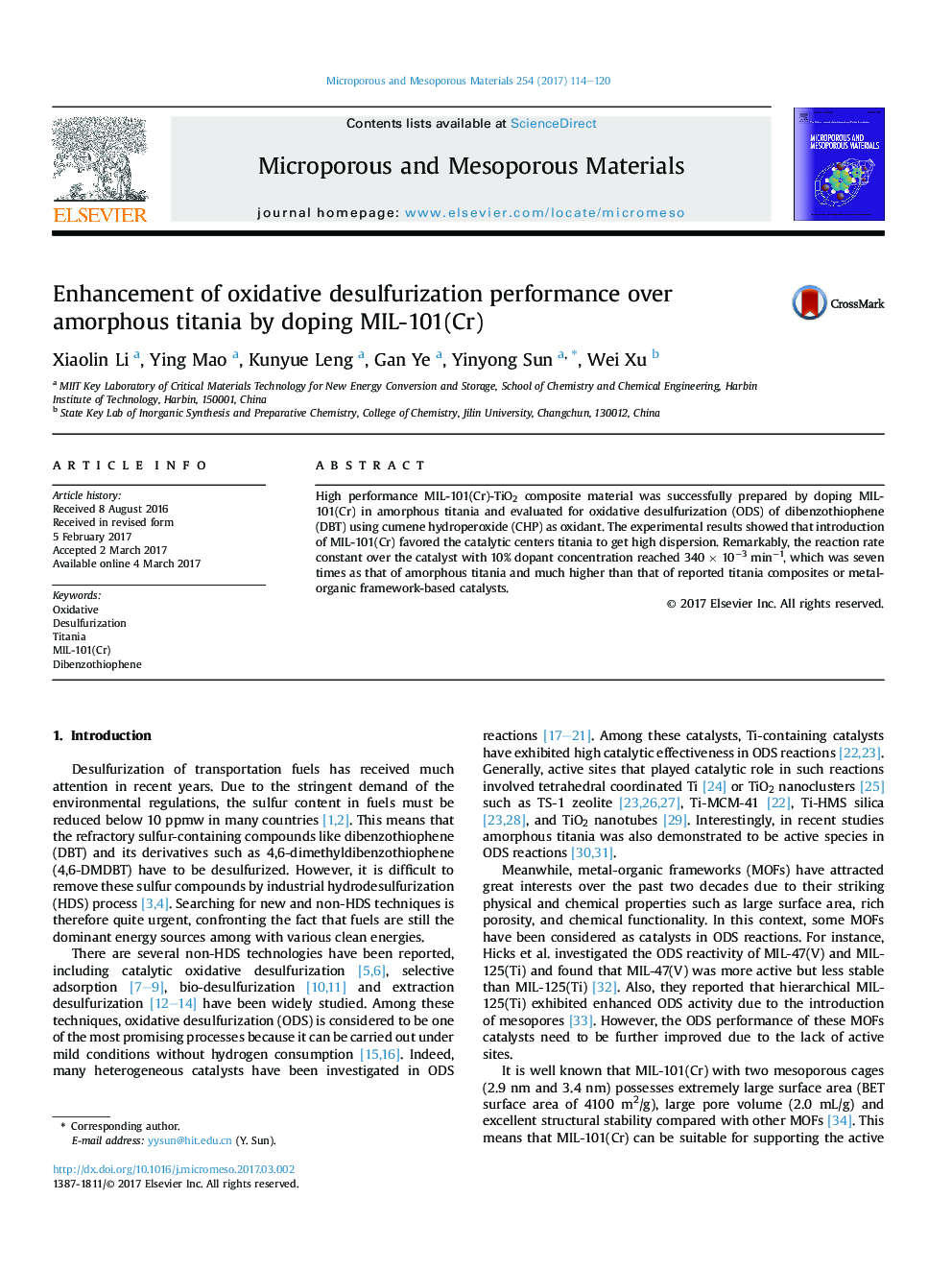 Enhancement of oxidative desulfurization performance over amorphous titania by doping MIL-101(Cr)