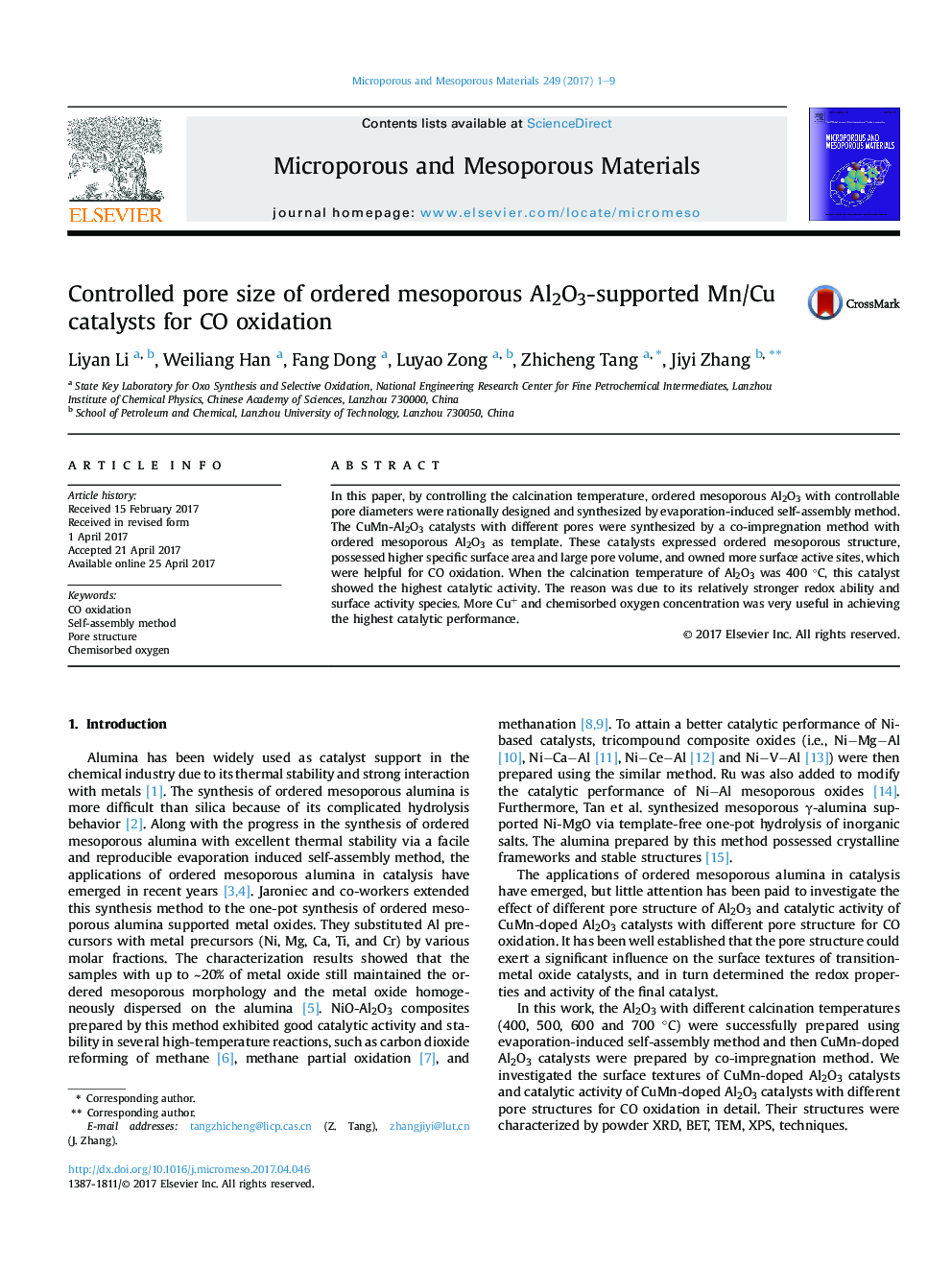 Controlled pore size of ordered mesoporous Al2O3-supported Mn/Cu catalysts for CO oxidation