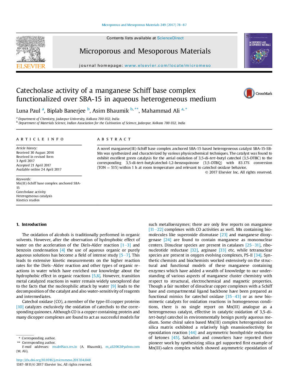 Catecholase activity of a manganese Schiff base complex functionalized over SBA-15 in aqueous heterogeneous medium