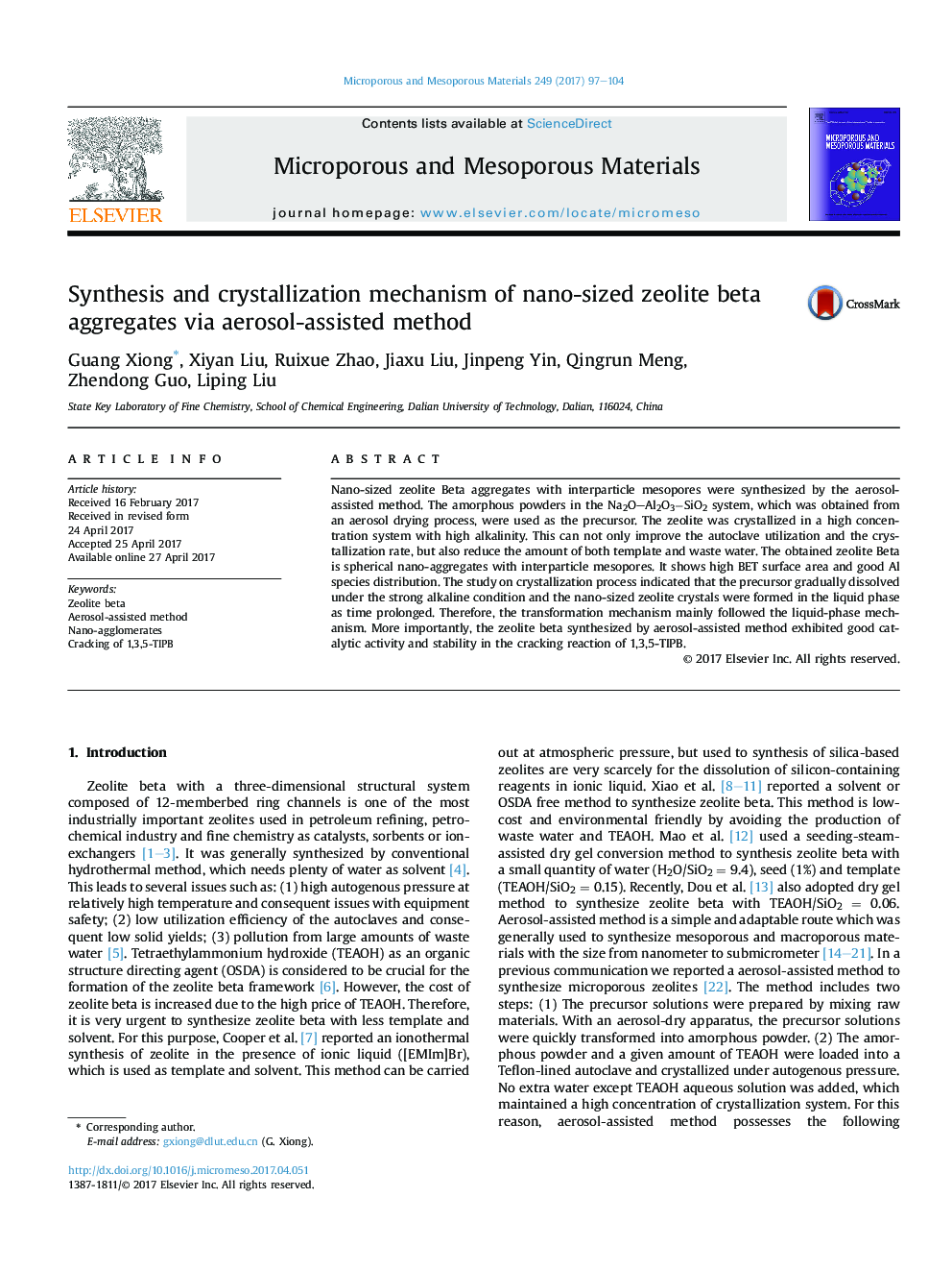 Synthesis and crystallization mechanism of nano-sized zeolite beta aggregates via aerosol-assisted method