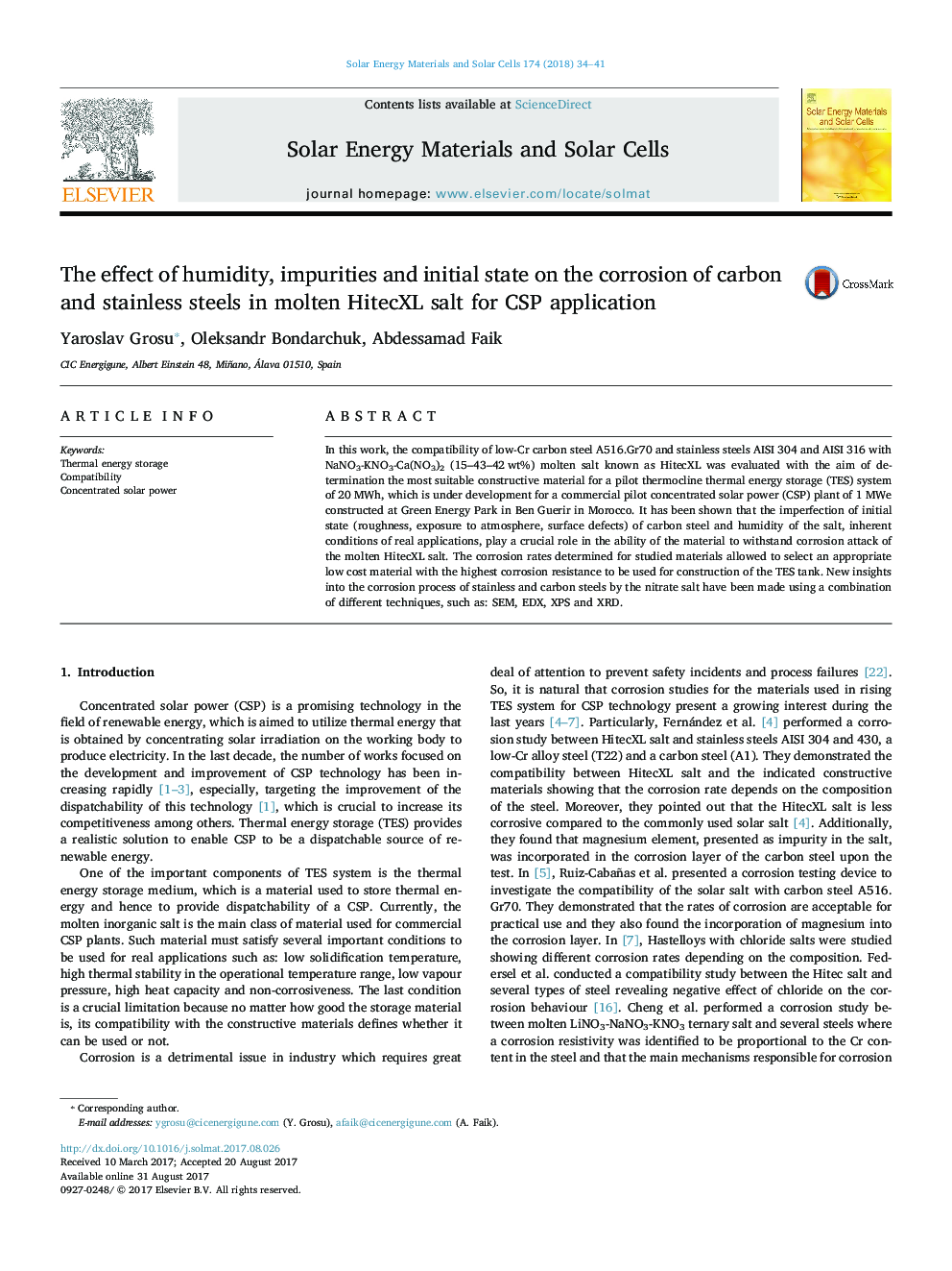 The effect of humidity, impurities and initial state on the corrosion of carbon and stainless steels in molten HitecXL salt for CSP application