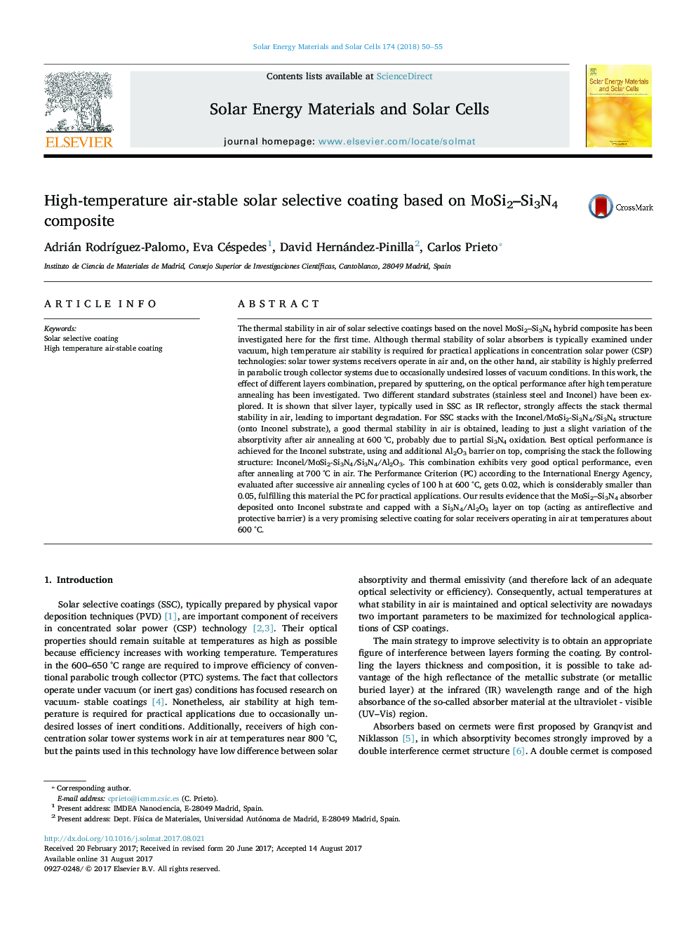 High-temperature air-stable solar selective coating based on MoSi2-Si3N4 composite