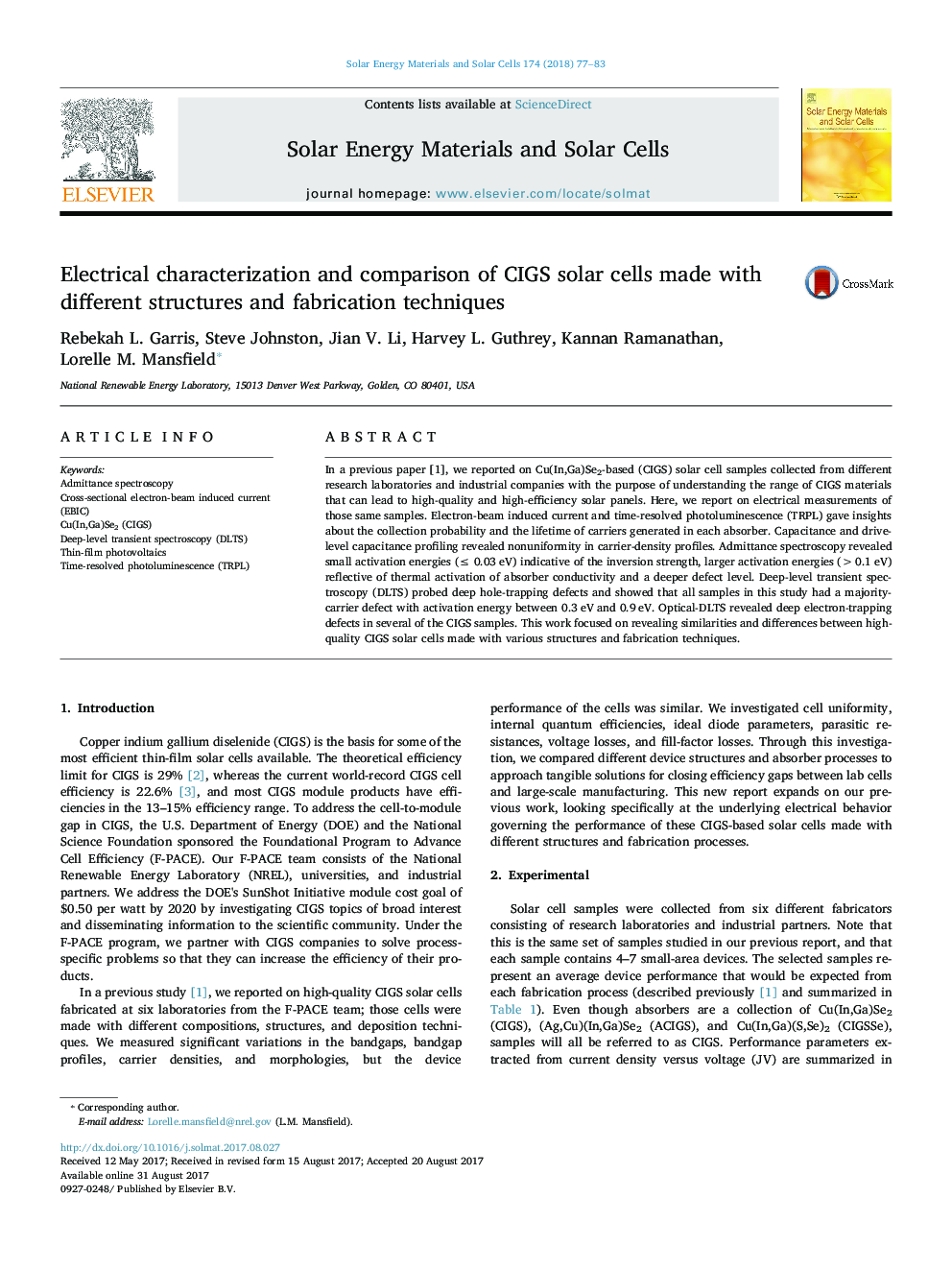 Electrical characterization and comparison of CIGS solar cells made with different structures and fabrication techniques