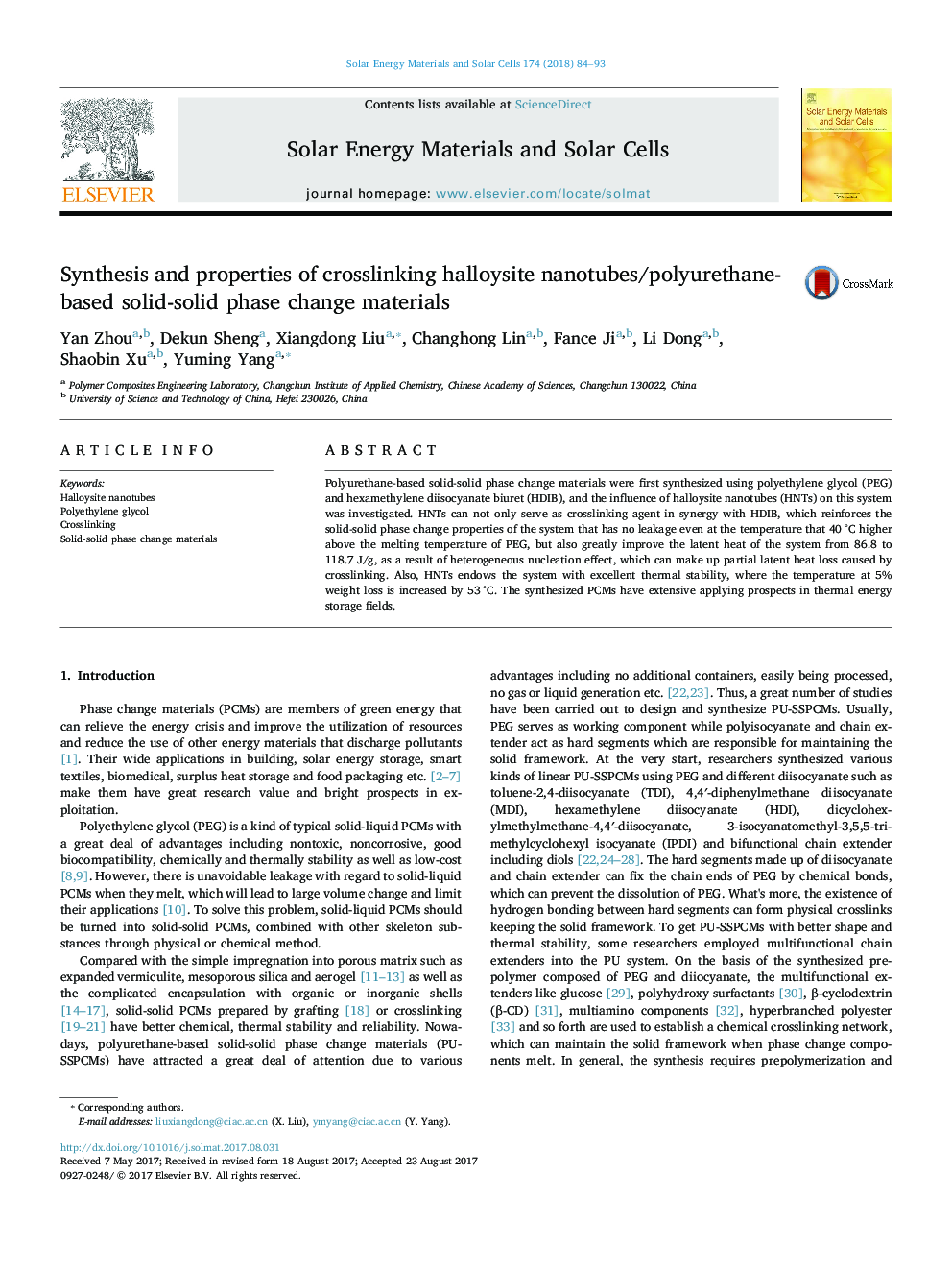 Synthesis and properties of crosslinking halloysite nanotubes/polyurethane-based solid-solid phase change materials