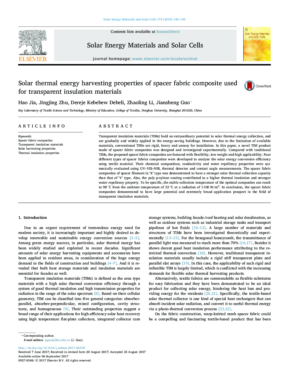 Solar thermal energy harvesting properties of spacer fabric composite used for transparent insulation materials