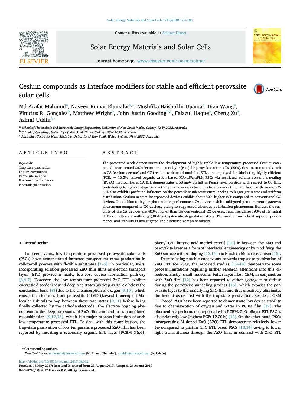 Cesium compounds as interface modifiers for stable and efficient perovskite solar cells