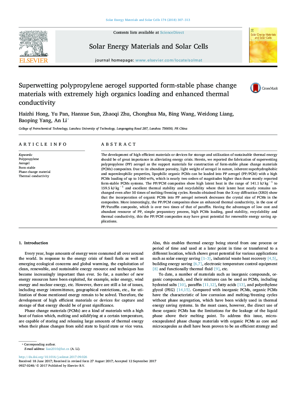 Superwetting polypropylene aerogel supported form-stable phase change materials with extremely high organics loading and enhanced thermal conductivity