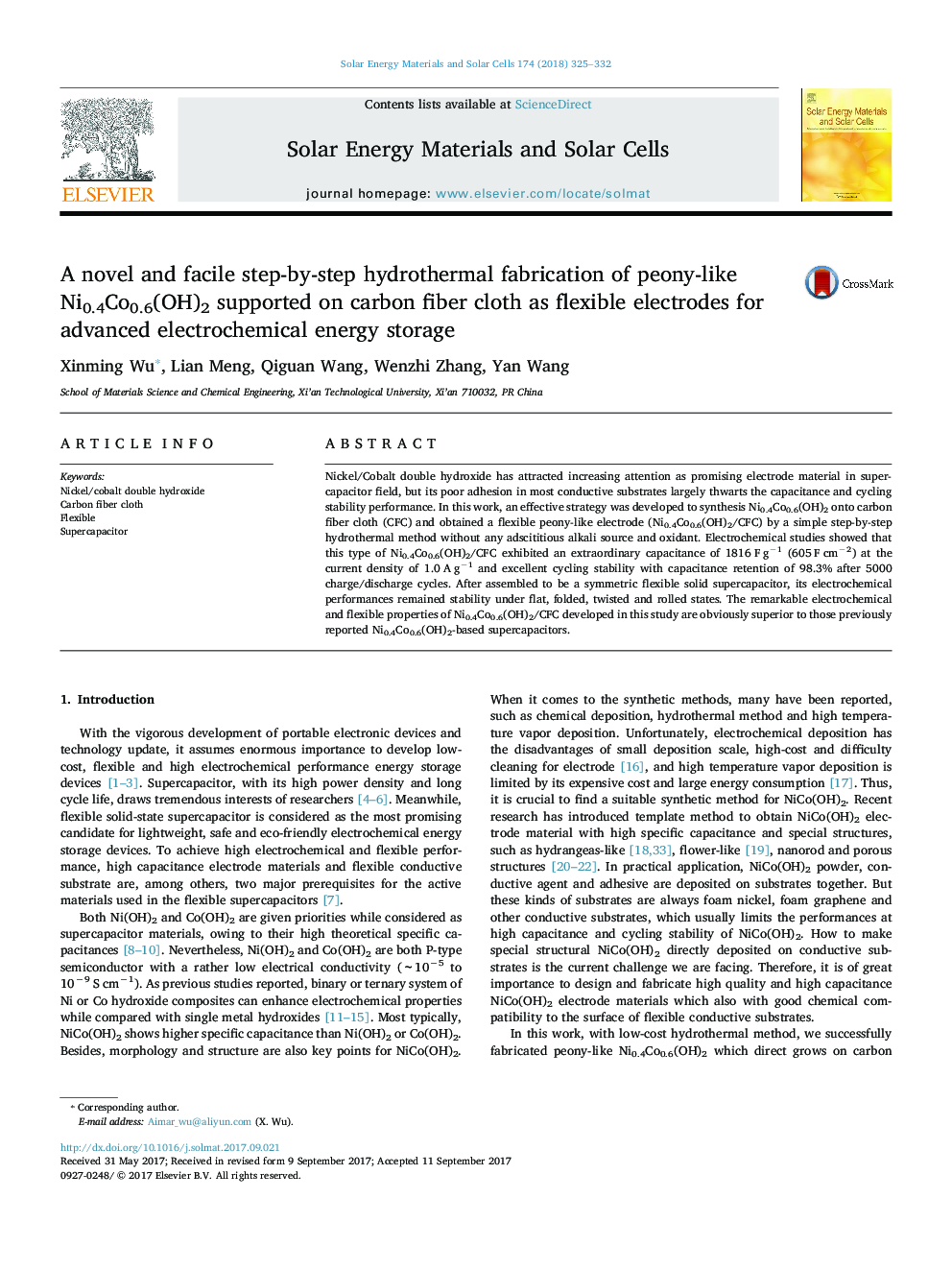 A novel and facile step-by-step hydrothermal fabrication of peony-like Ni0.4Co0.6(OH)2 supported on carbon fiber cloth as flexible electrodes for advanced electrochemical energy storage