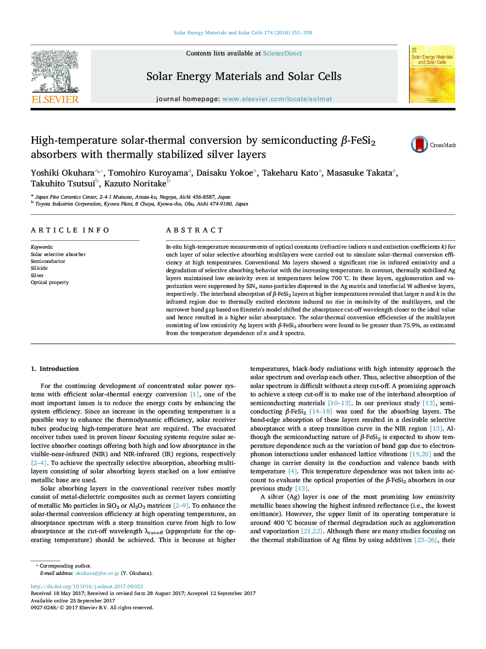 High-temperature solar-thermal conversion by semiconducting Î²-FeSi2 absorbers with thermally stabilized silver layers