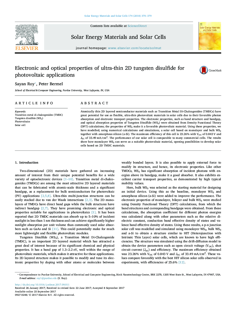 Electronic and optical properties of ultra-thin 2D tungsten disulfide for photovoltaic applications