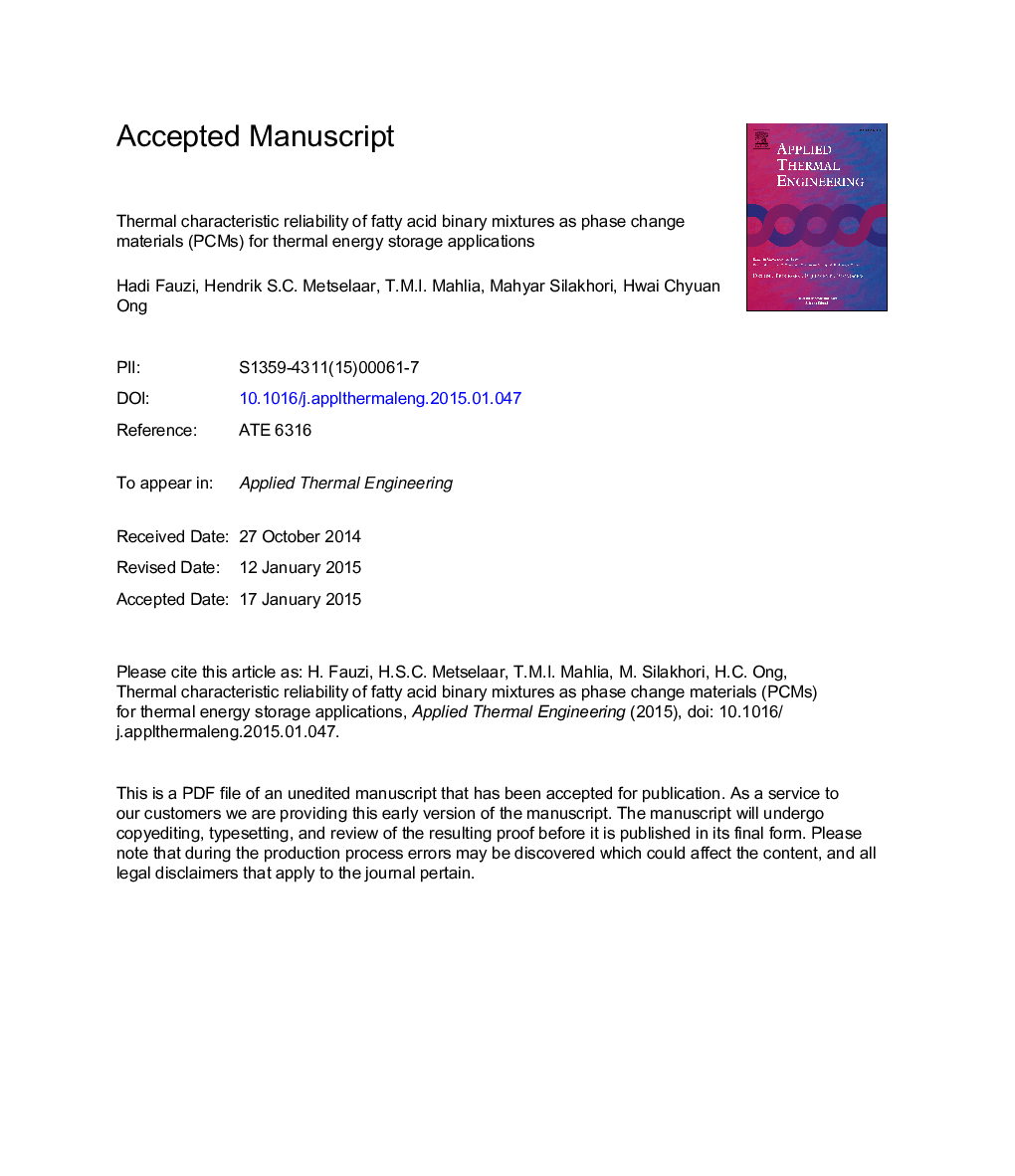 Thermal characteristic reliability of fatty acid binary mixtures as phase change materials (PCMs) for thermal energy storage applications