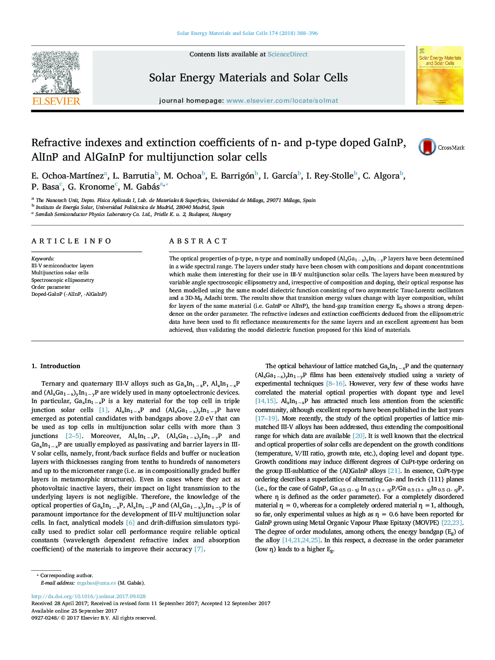 Refractive indexes and extinction coefficients of n- and p-type doped GaInP, AlInP and AlGaInP for multijunction solar cells