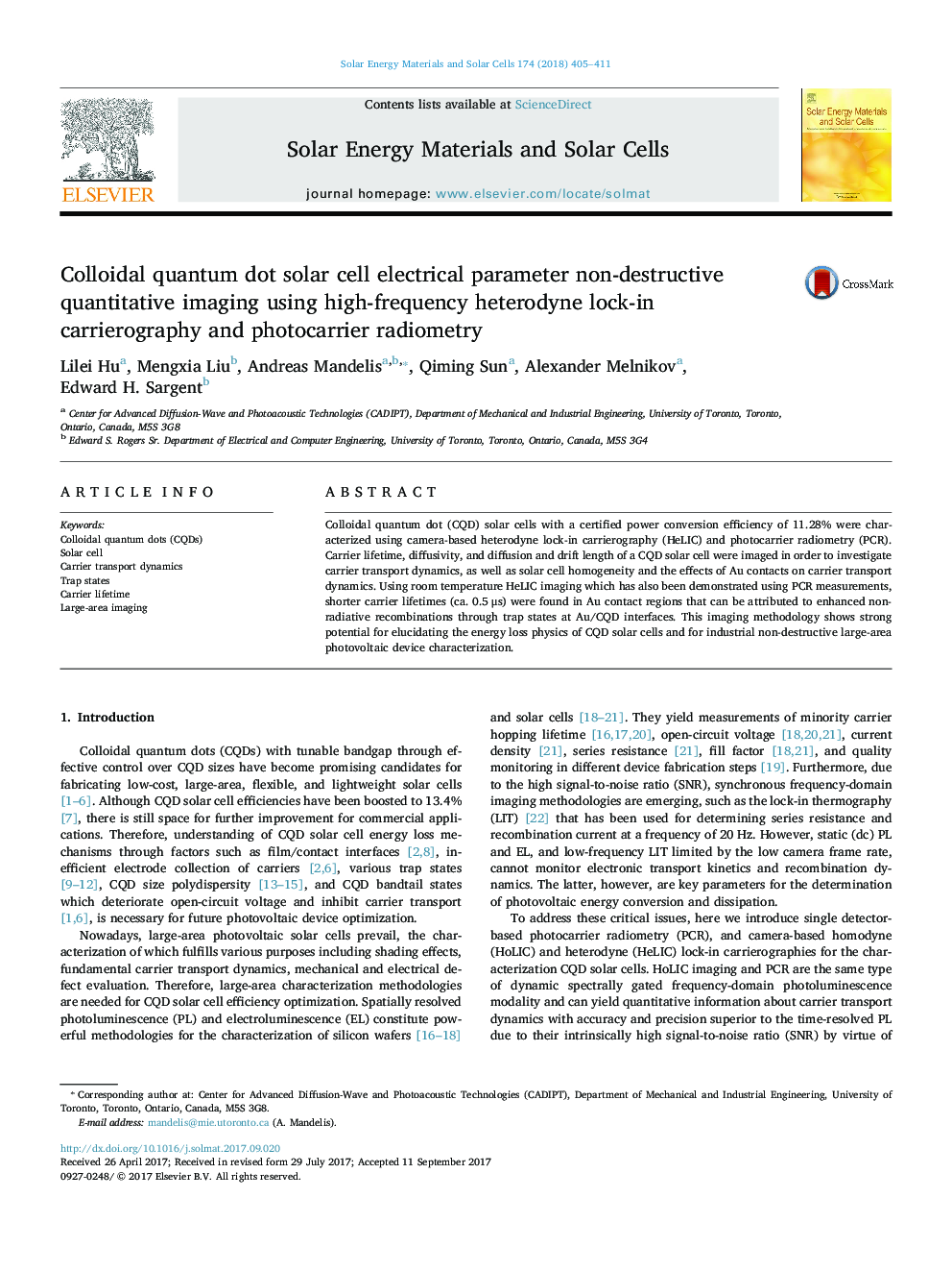 Colloidal quantum dot solar cell electrical parameter non-destructive quantitative imaging using high-frequency heterodyne lock-in carrierography and photocarrier radiometry