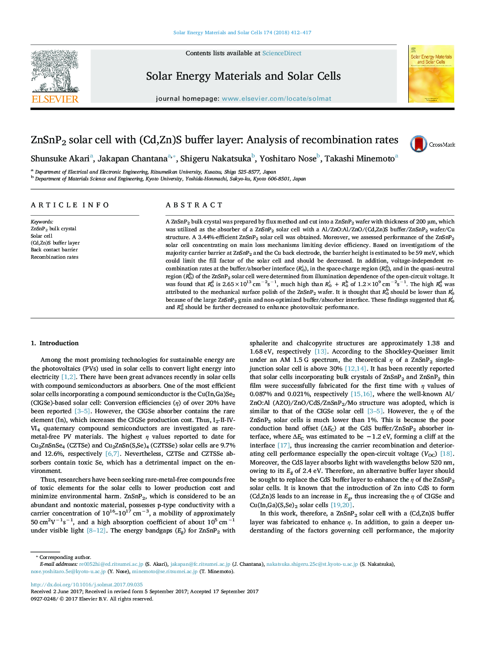 ZnSnP2 solar cell with (Cd,Zn)S buffer layer: Analysis of recombination rates