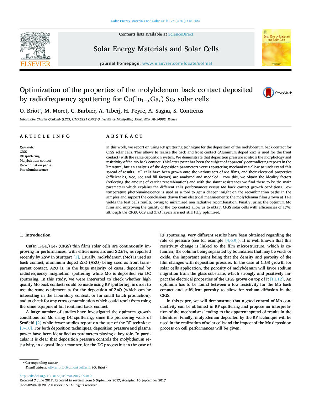 Optimization of the properties of the molybdenum back contact deposited by radiofrequency sputtering for Cu(In1âxGax) Se2 solar cells