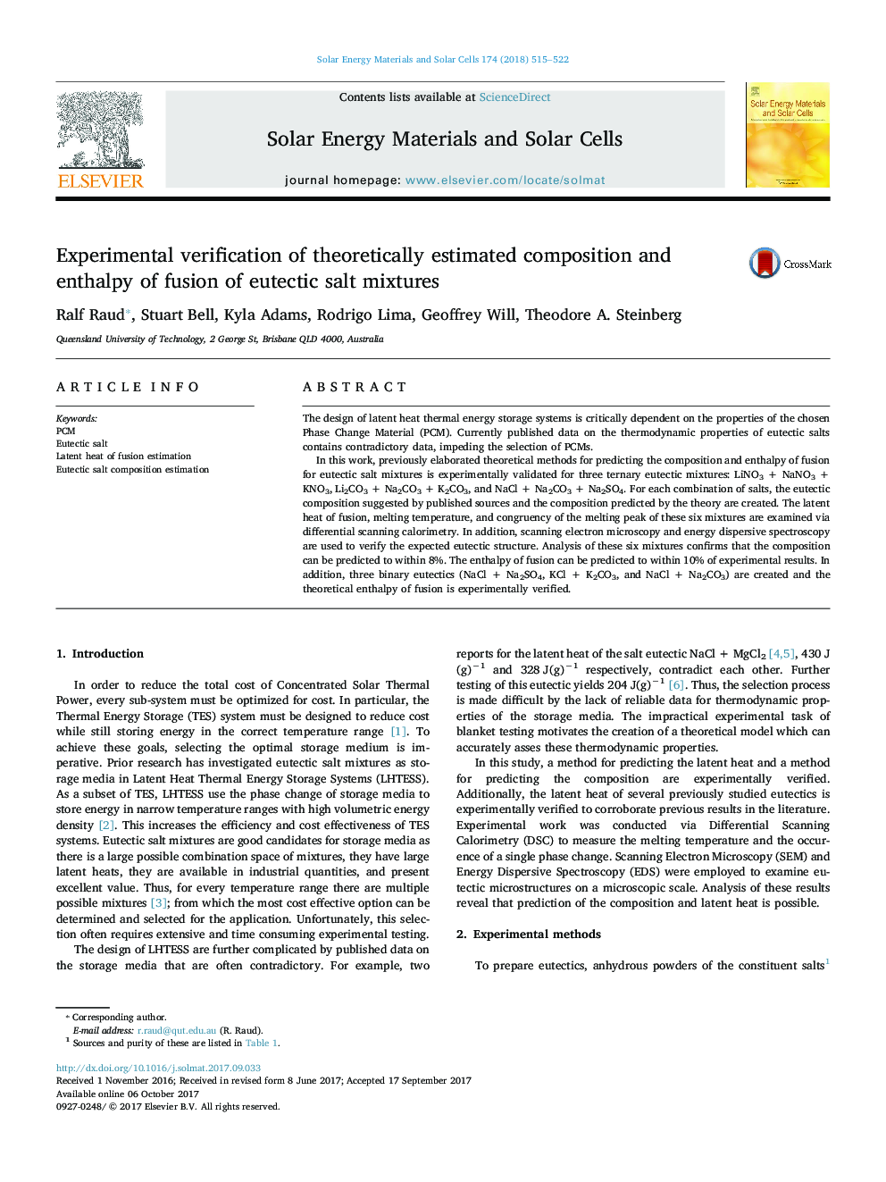 Experimental verification of theoretically estimated composition and enthalpy of fusion of eutectic salt mixtures