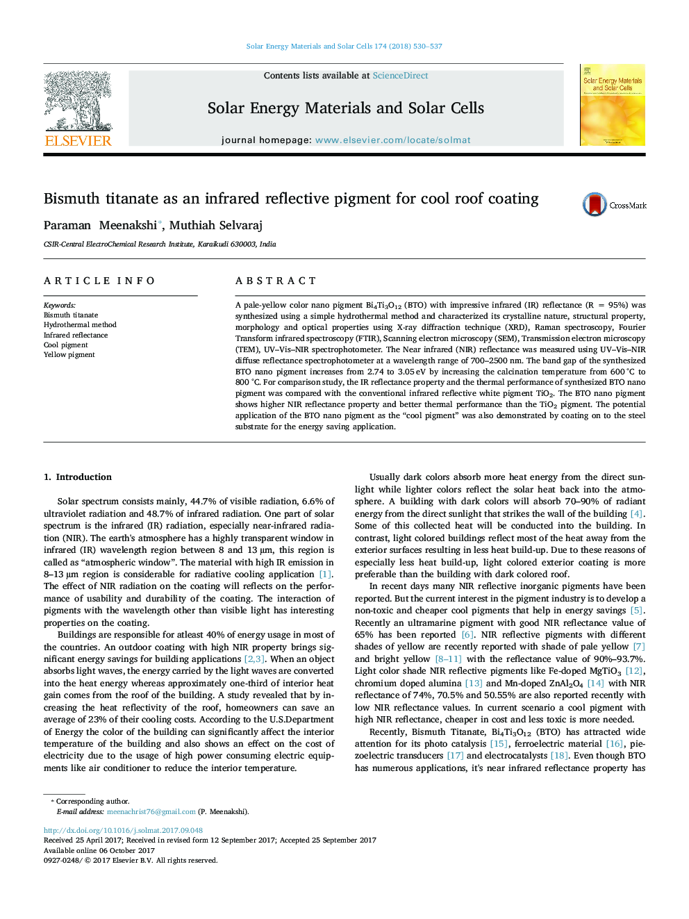 Bismuth titanate as an infrared reflective pigment for cool roof coating