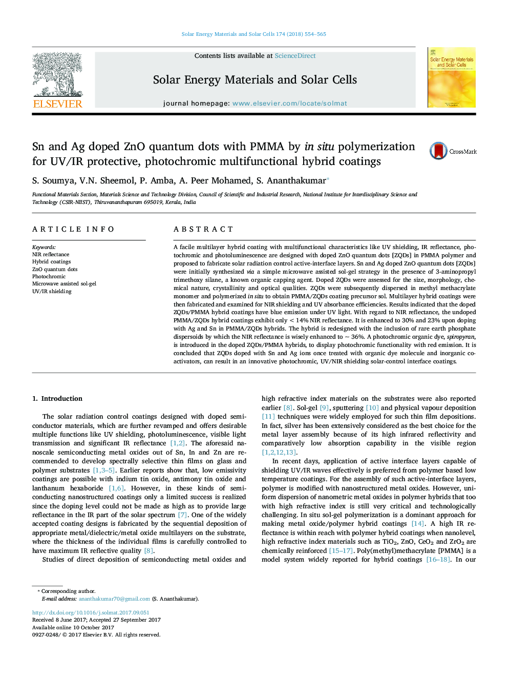 Sn and Ag doped ZnO quantum dots with PMMA by in situ polymerization for UV/IR protective, photochromic multifunctional hybrid coatings