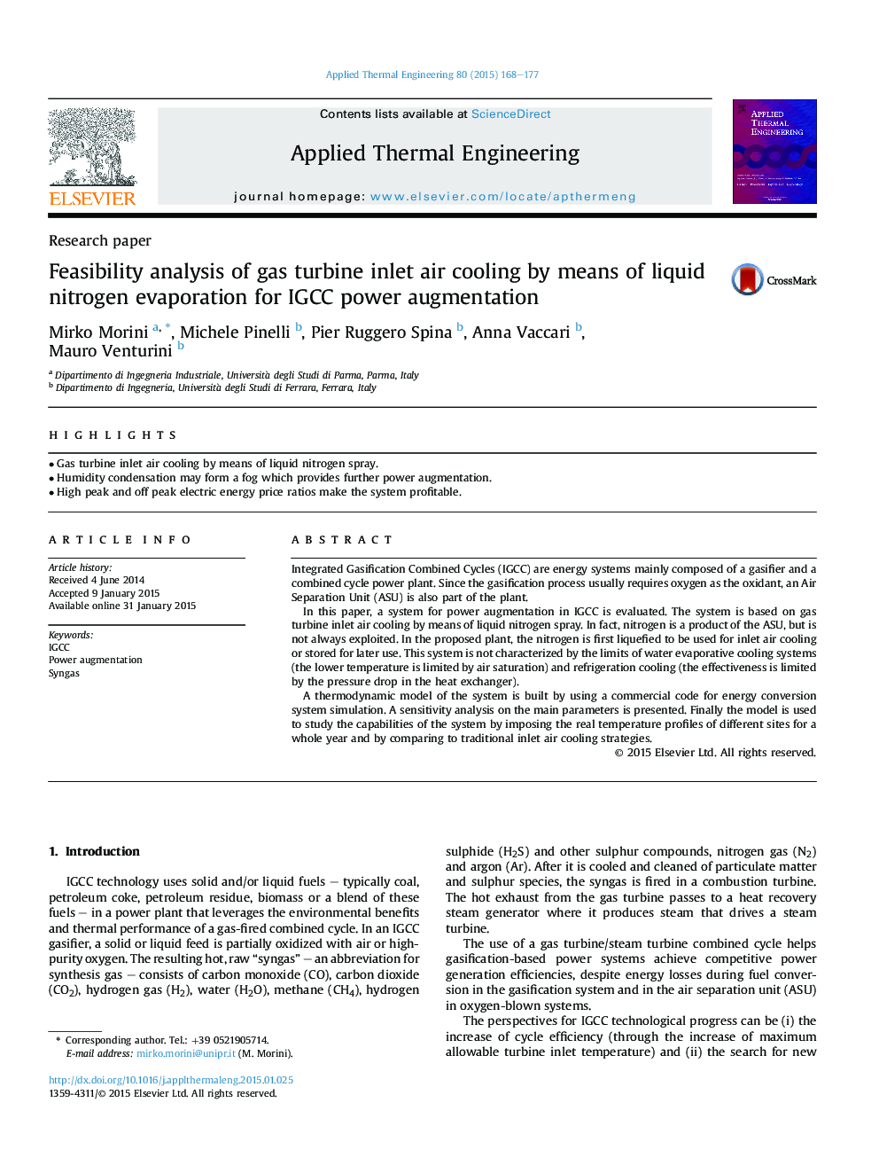 Feasibility analysis of gas turbine inlet air cooling by means of liquid nitrogen evaporation for IGCC power augmentation