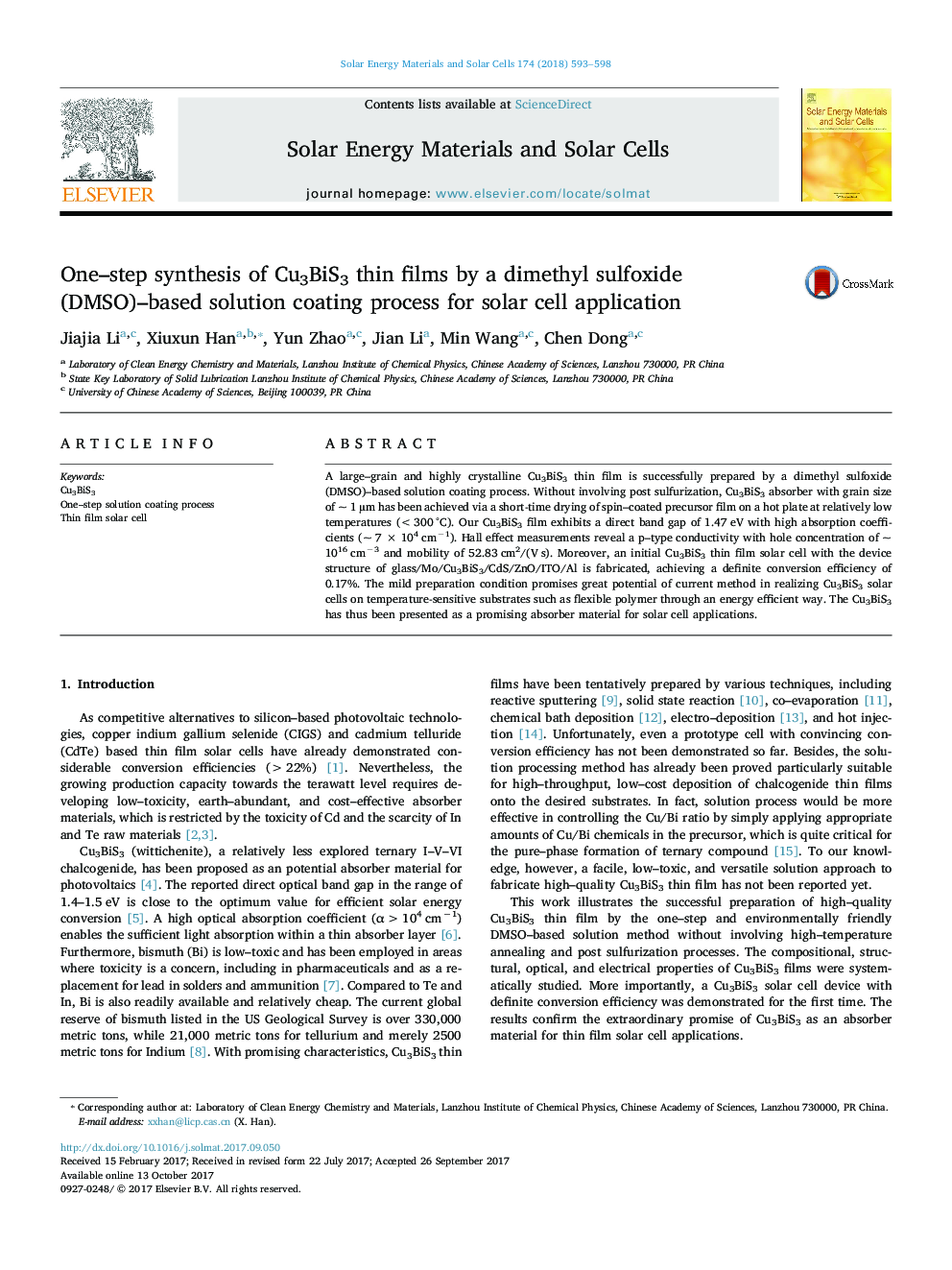 One-step synthesis of Cu3BiS3 thin films by a dimethyl sulfoxide (DMSO)-based solution coating process for solar cell application