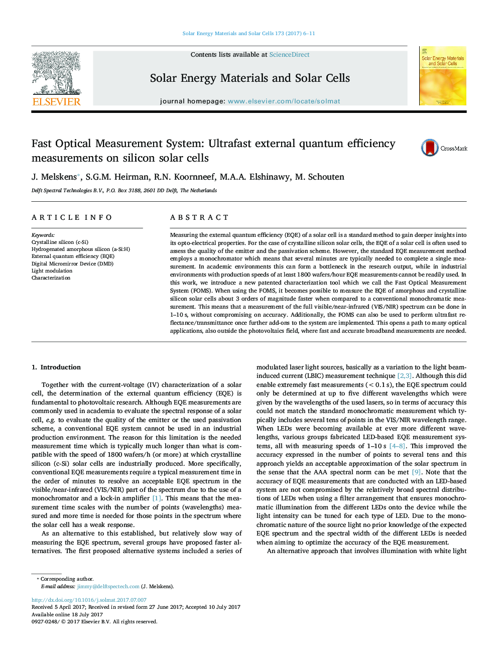 Fast Optical Measurement System: Ultrafast external quantum efficiency measurements on silicon solar cells