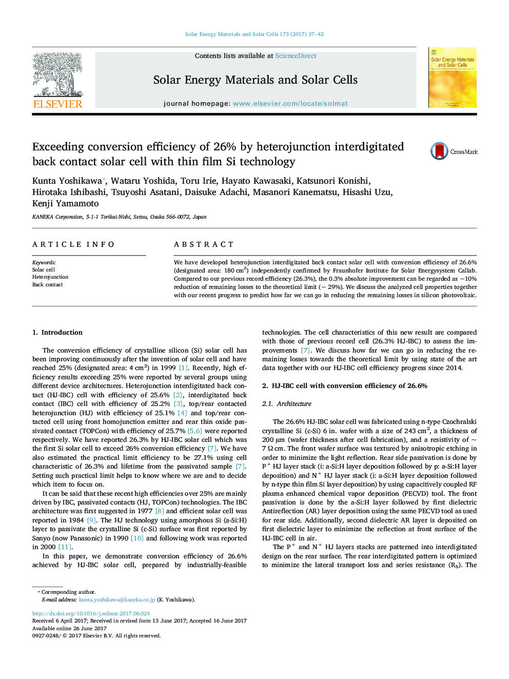 Exceeding conversion efficiency of 26% by heterojunction interdigitated back contact solar cell with thin film Si technology