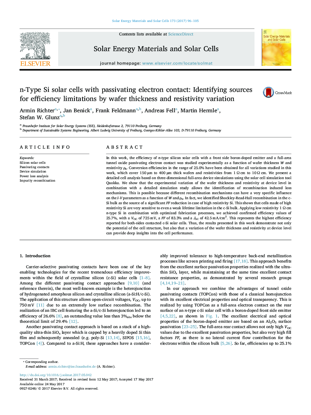 n-Type Si solar cells with passivating electron contact: Identifying sources for efficiency limitations by wafer thickness and resistivity variation