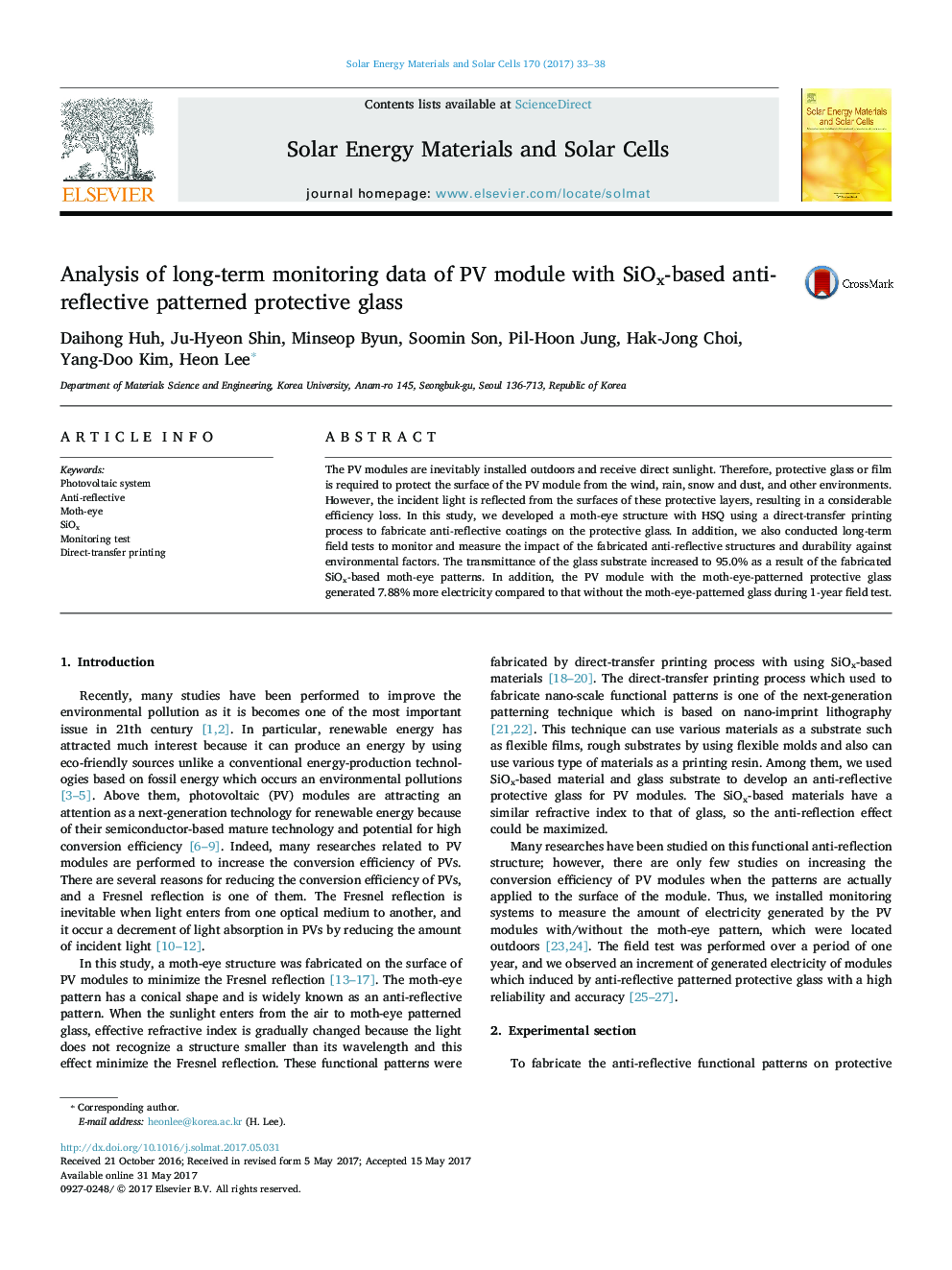 Analysis of long-term monitoring data of PV module with SiOx-based anti-reflective patterned protective glass