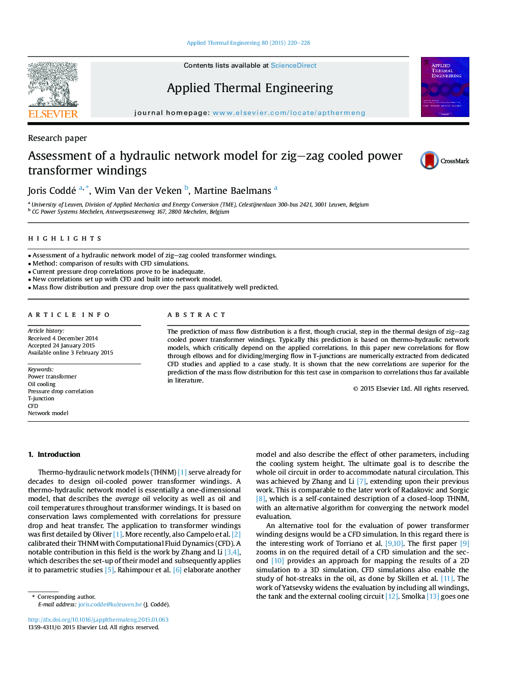 Assessment of a hydraulic network model for zig–zag cooled power transformer windings