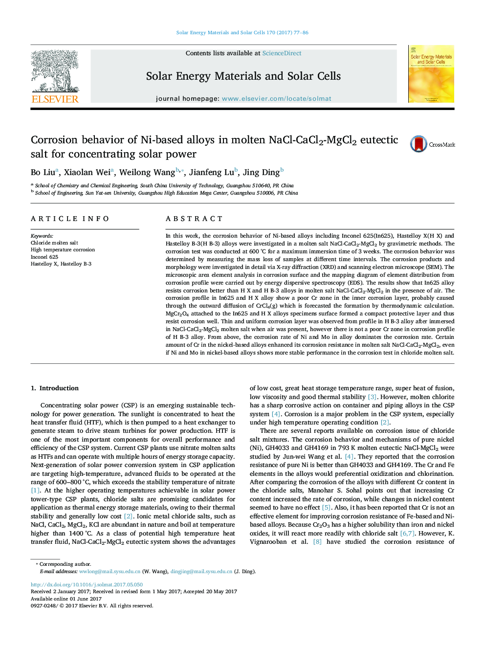 Corrosion behavior of Ni-based alloys in molten NaCl-CaCl2-MgCl2 eutectic salt for concentrating solar power