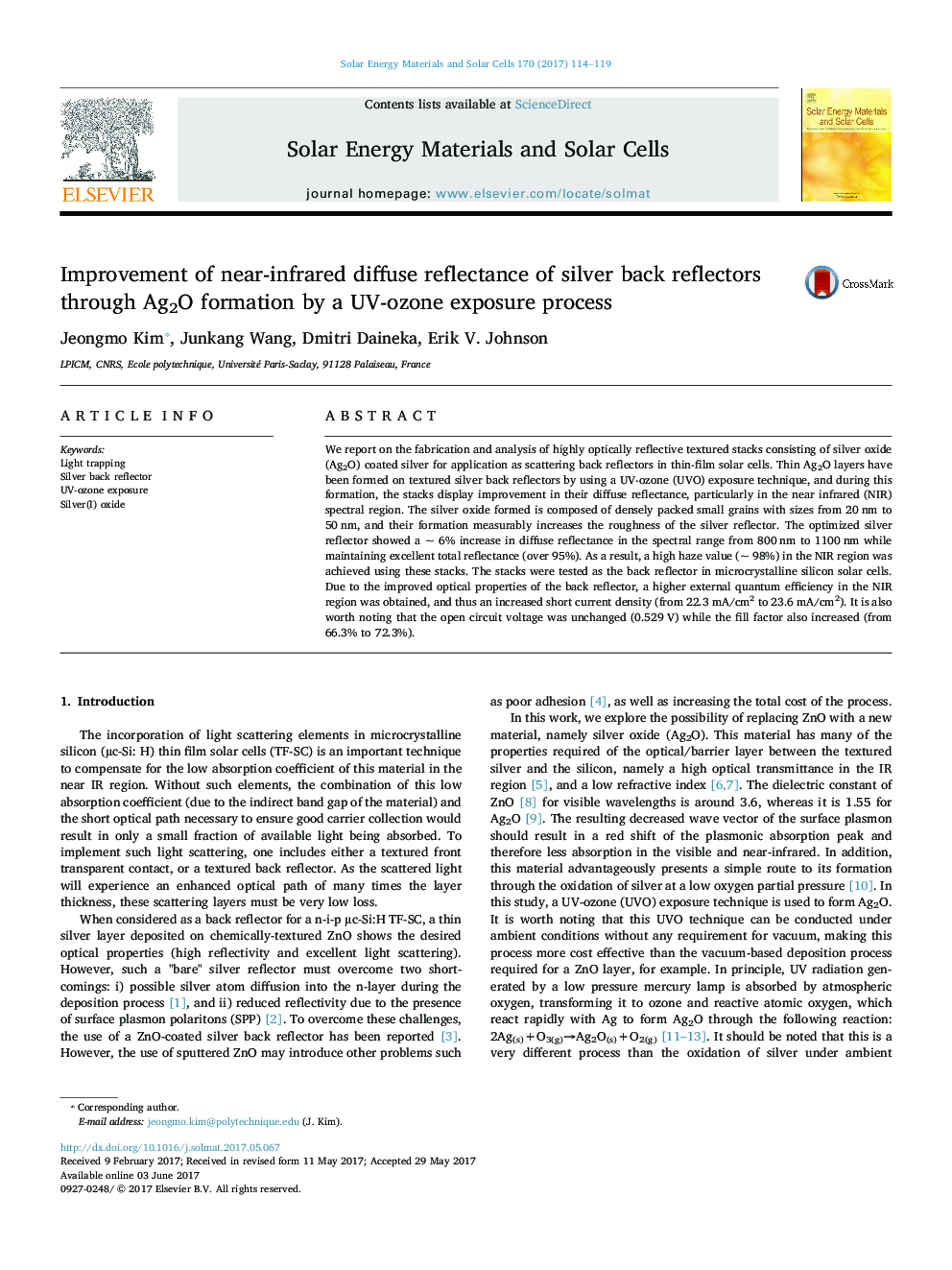 Improvement of near-infrared diffuse reflectance of silver back reflectors through Ag2O formation by a UV-ozone exposure process