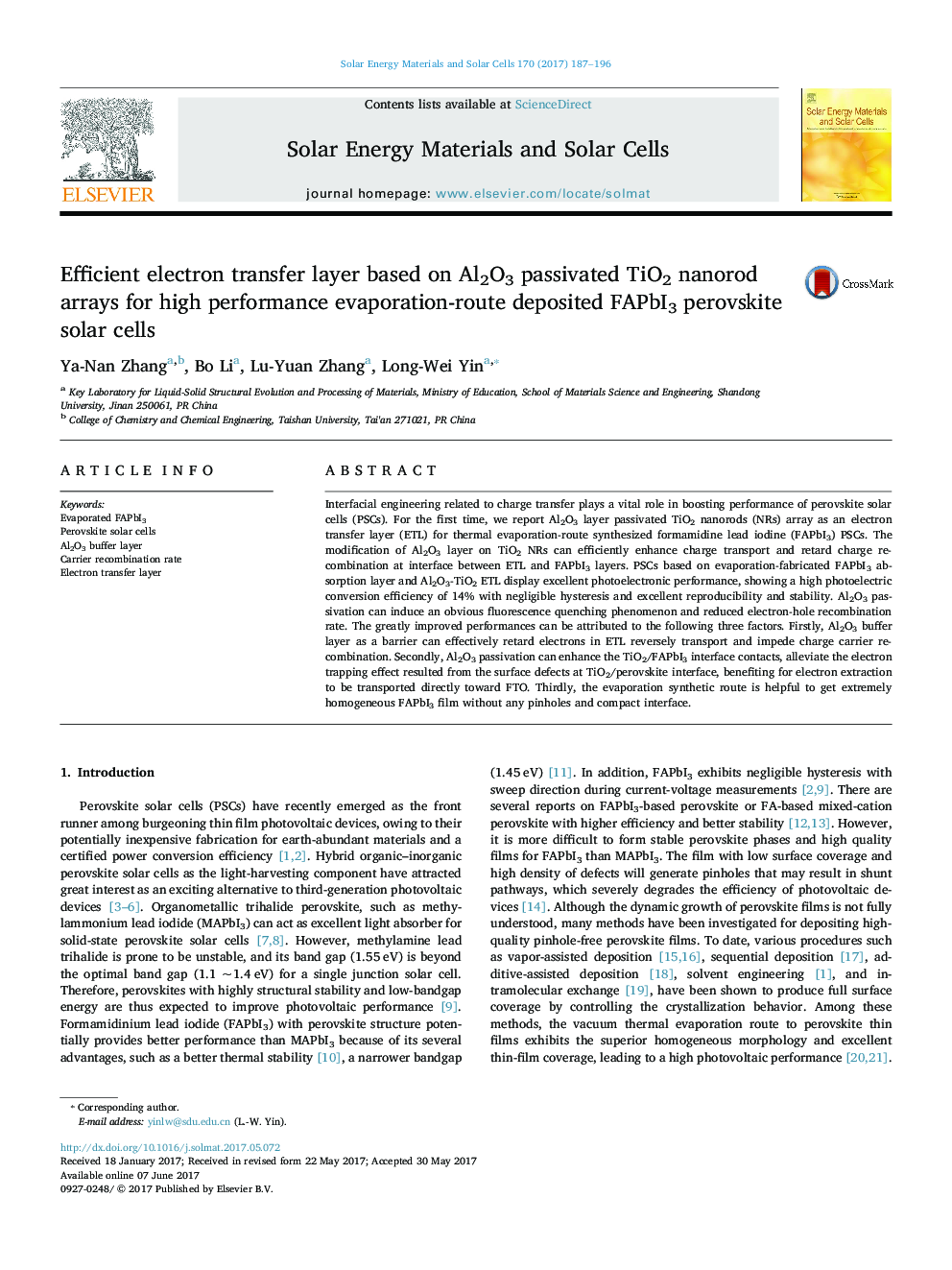 Efficient electron transfer layer based on Al2O3 passivated TiO2 nanorod arrays for high performance evaporation-route deposited FAPbI3 perovskite solar cells