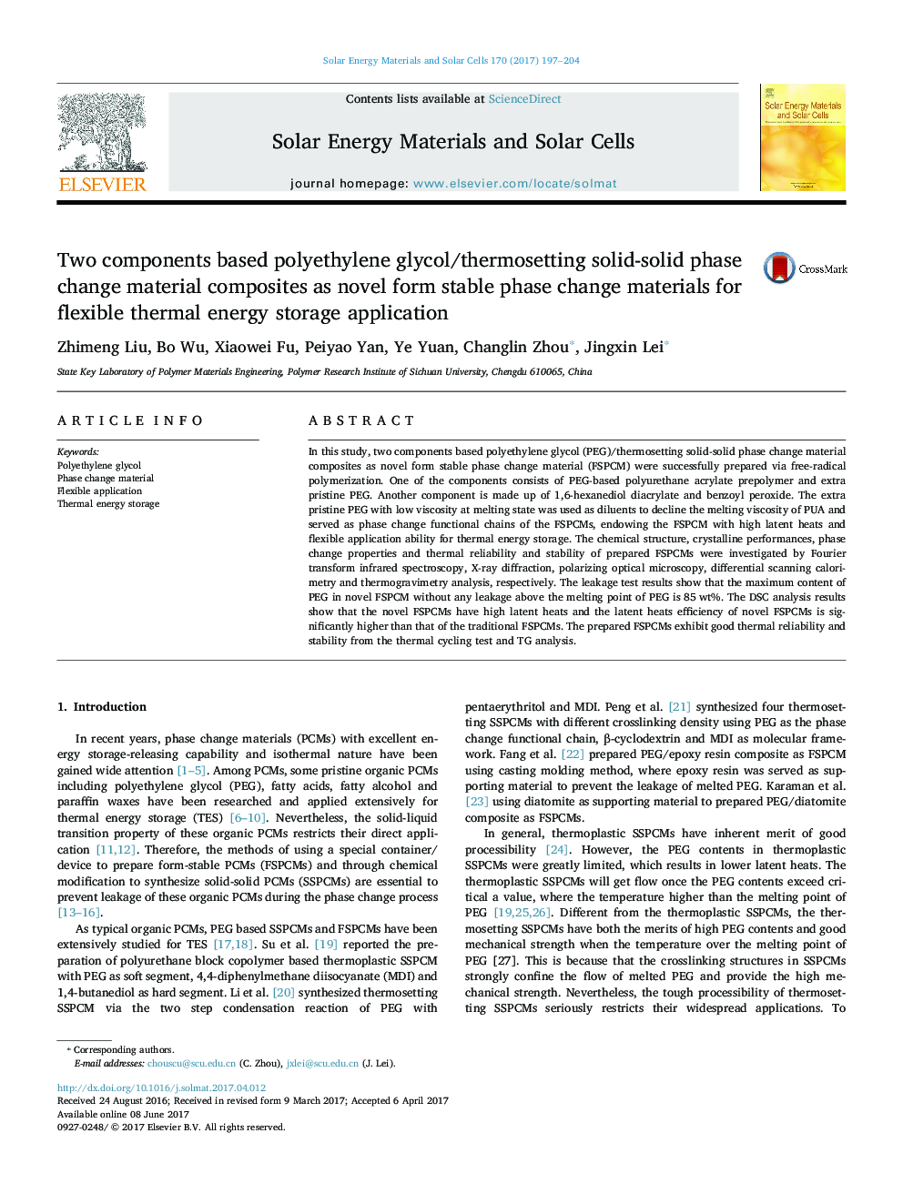 Two components based polyethylene glycol/thermosetting solid-solid phase change material composites as novel form stable phase change materials for flexible thermal energy storage application