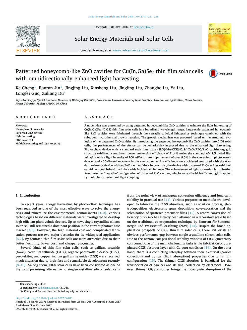 Patterned honeycomb-like ZnO cavities for Cu(In,Ga)Se2 thin film solar cells with omnidirectionally enhanced light harvesting