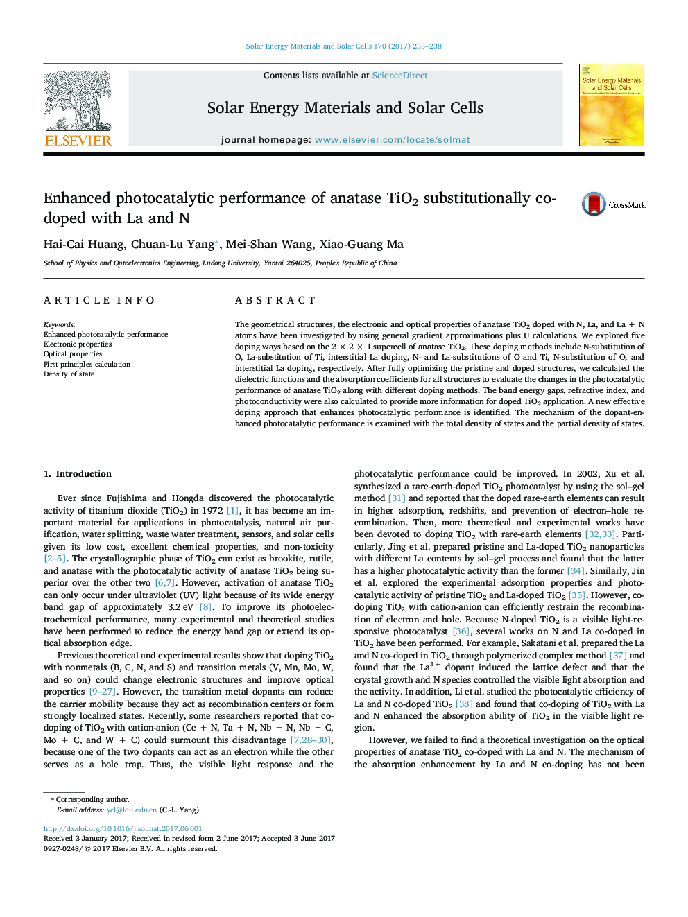 Enhanced photocatalytic performance of anatase TiO2 substitutionally co-doped with La and N